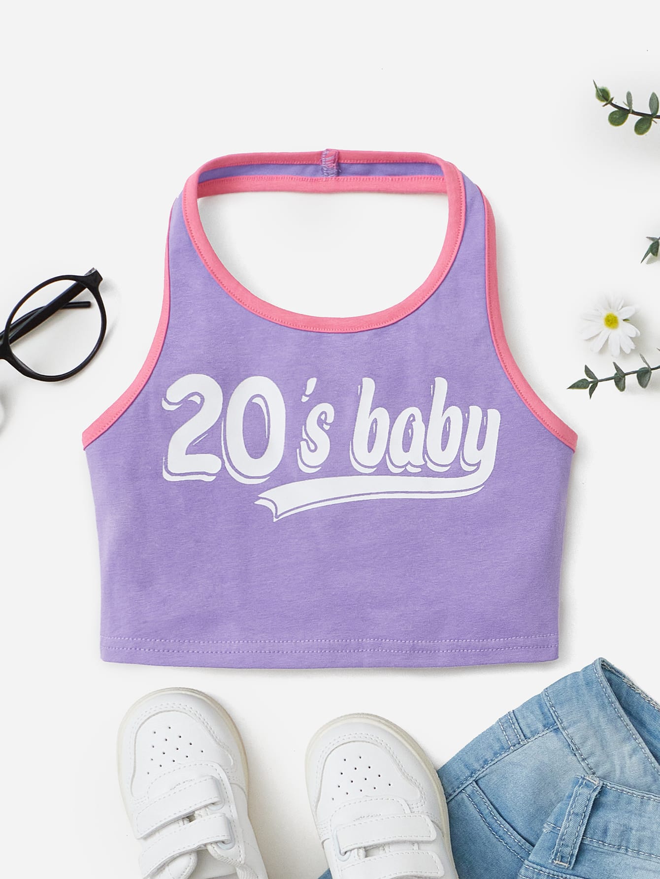 Young Girl Letter Graphic Contrast Binding Halter Top