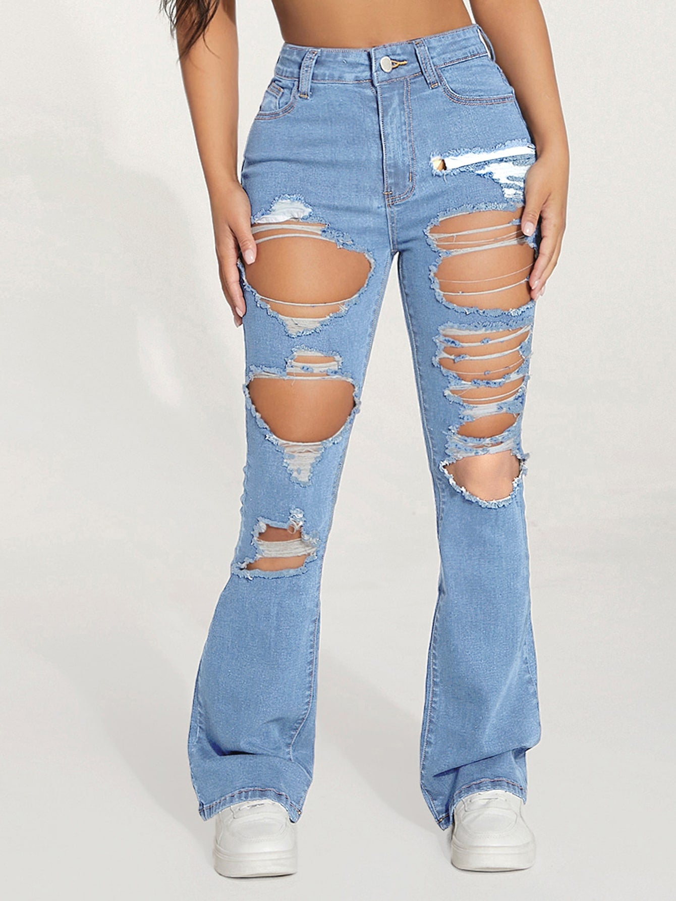 High Waist Ripped Flare Leg Jeans