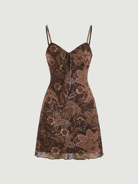 Floral & Paisley Print Tie Front Elasticity Vintage Cami Dress