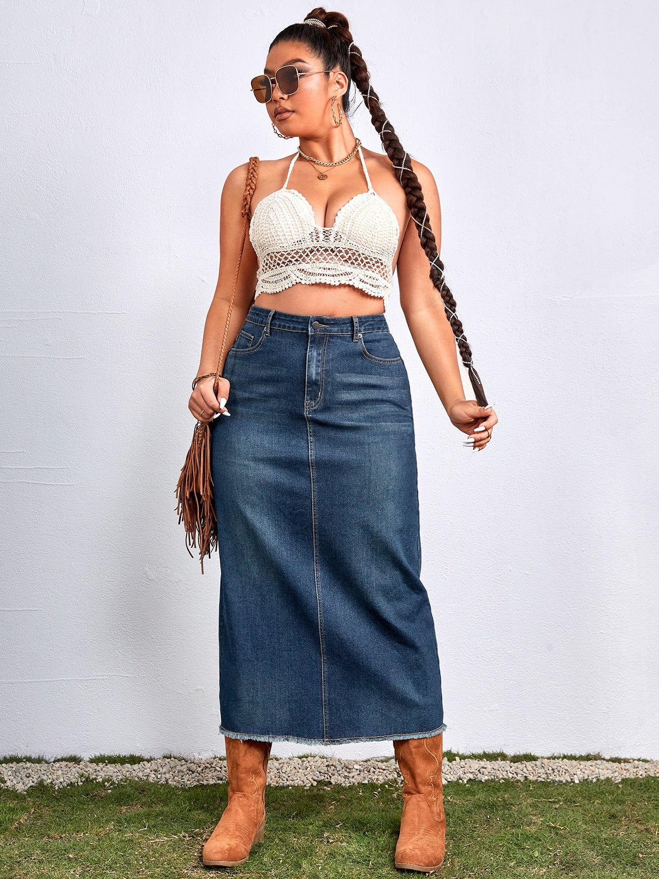 Plus High Waist Raw Trim Denim Skirt