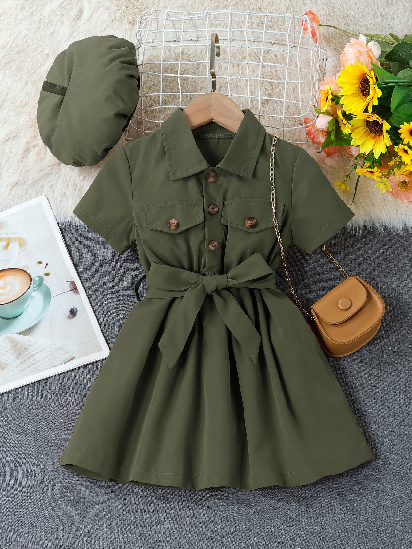 Young Girl Flap Detail Belted Shirt Dress & Accessory Hat Without Bag