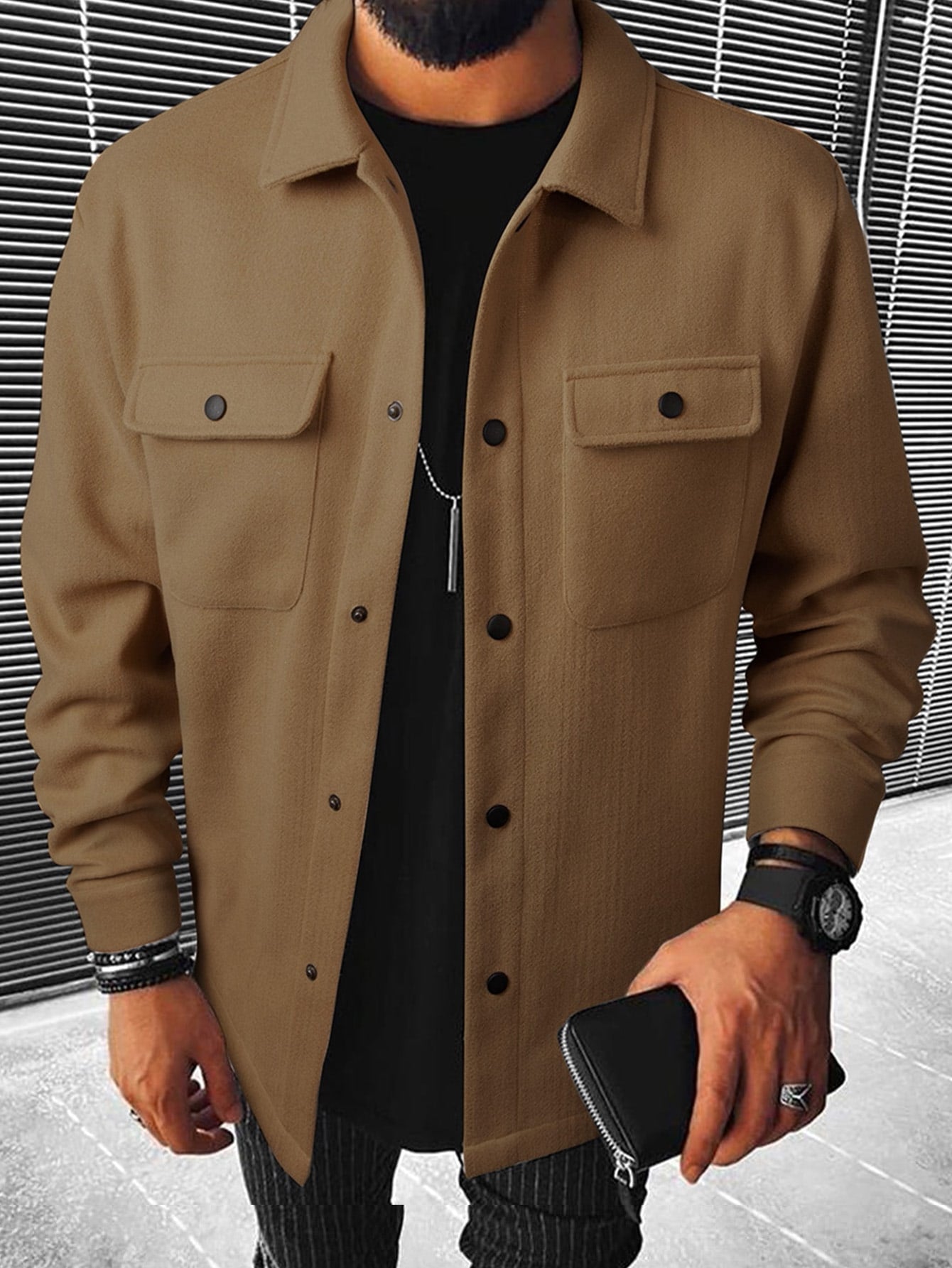 Men's Solid Color Button-Front Pocket Long Sleeve Wool Blend Jacket