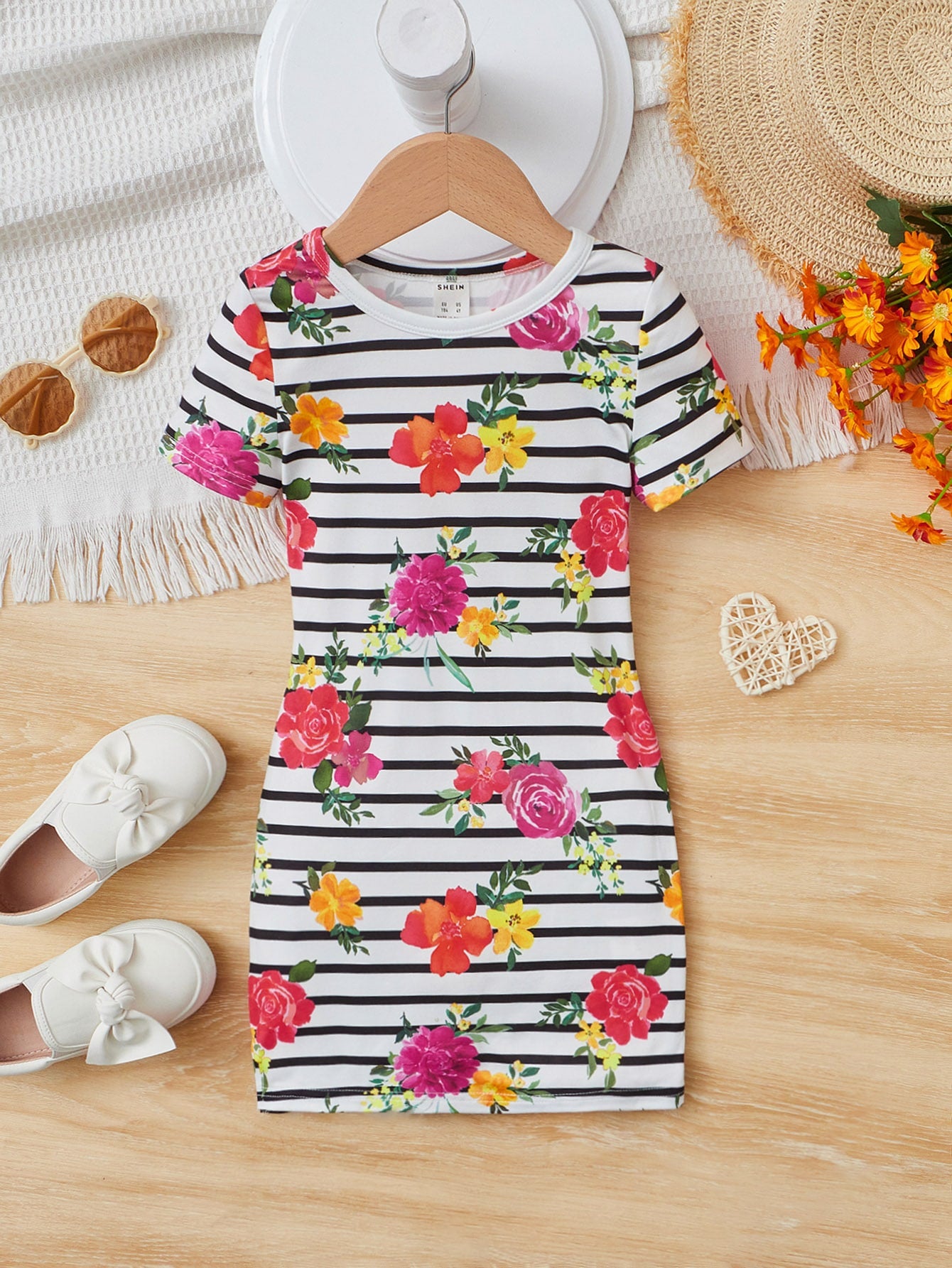 Young Girl Striped & Floral Print Tee Dress