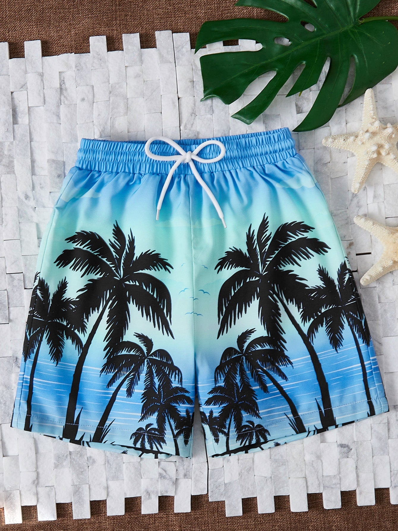 Tween Boy Palm Tree Print Drawstring Waist Swim Shorts