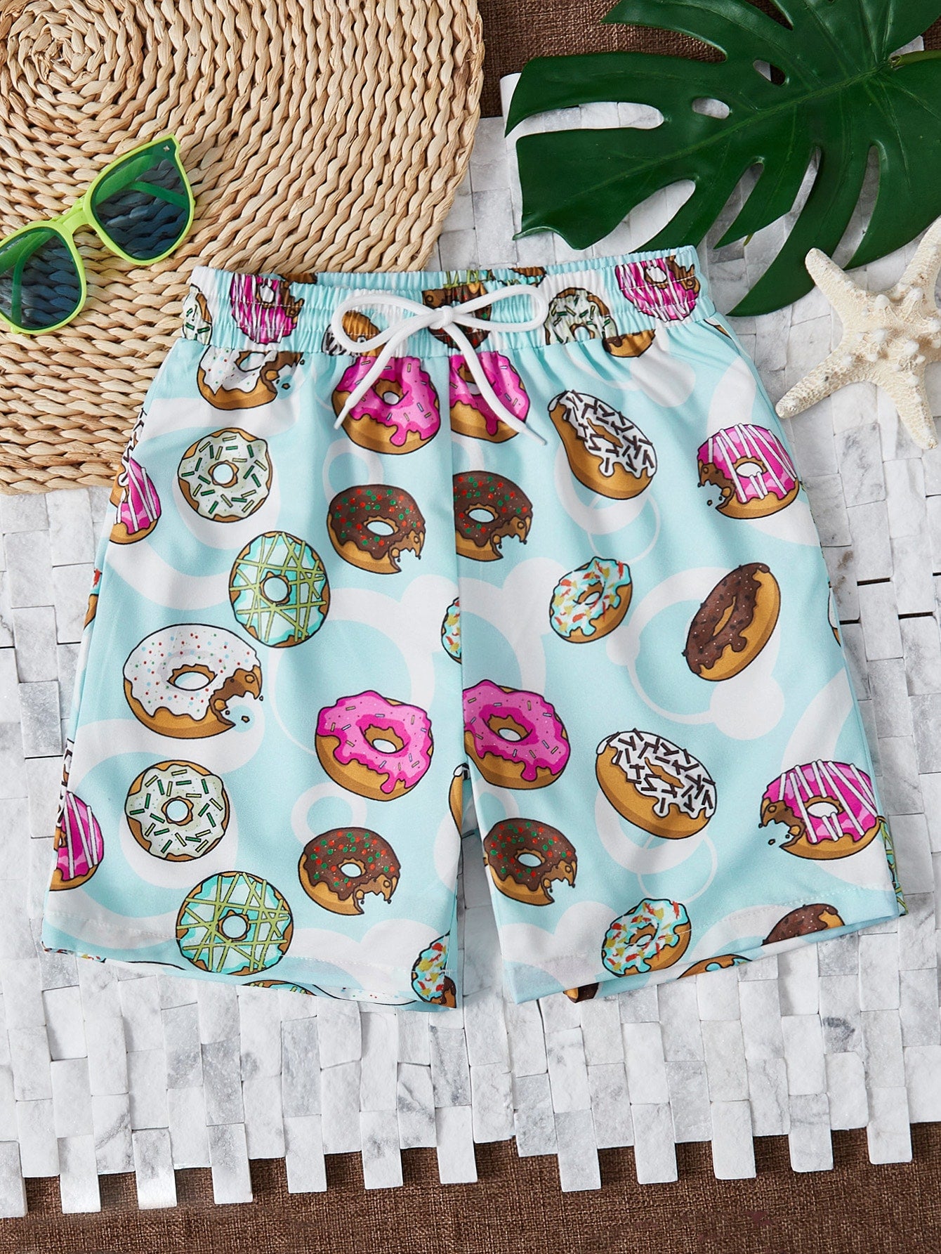 Tween Boy Donuts Print Drawstring Waist Swim Shorts