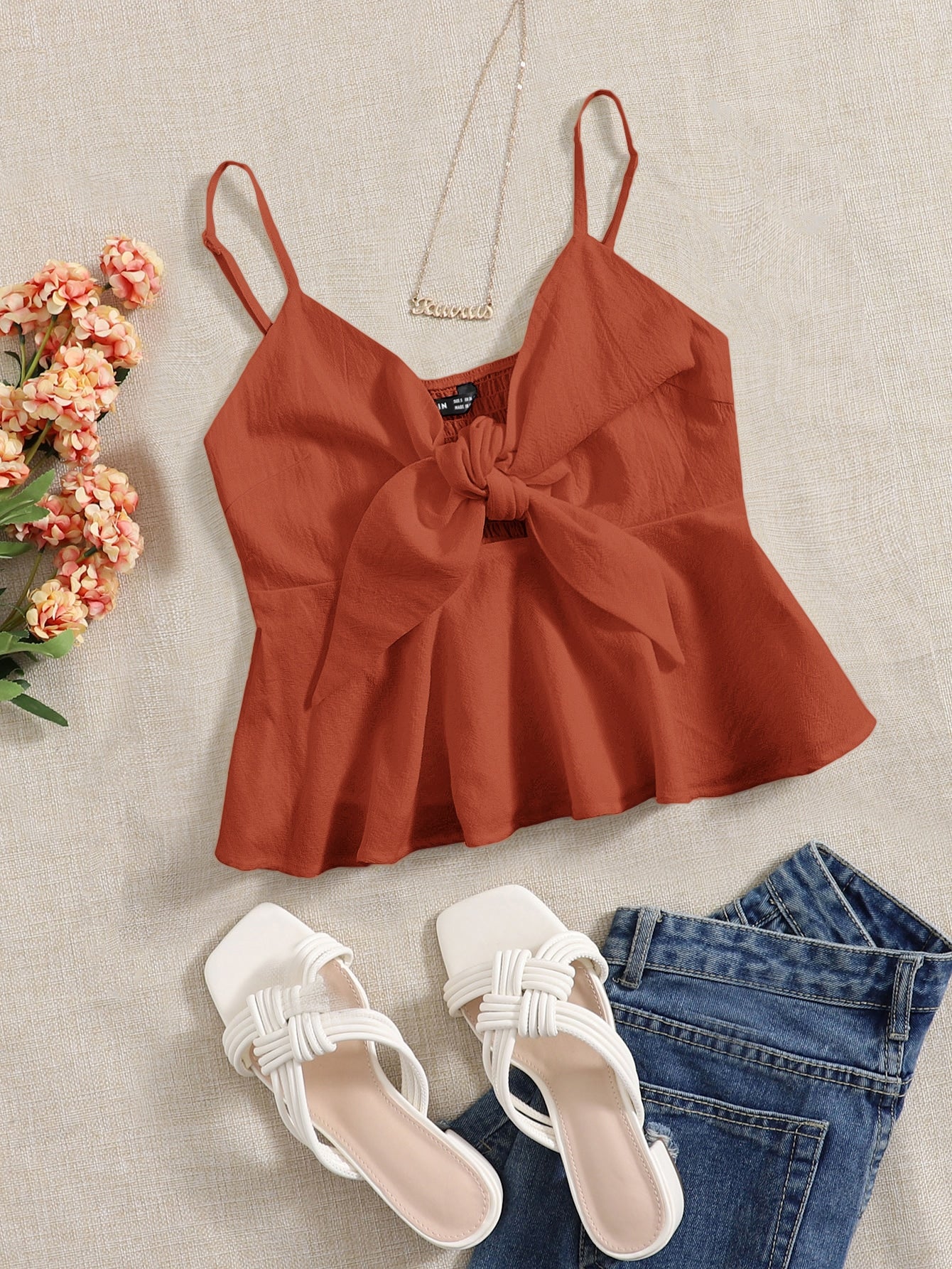 Knot Front Ruffle Hem Cami Top