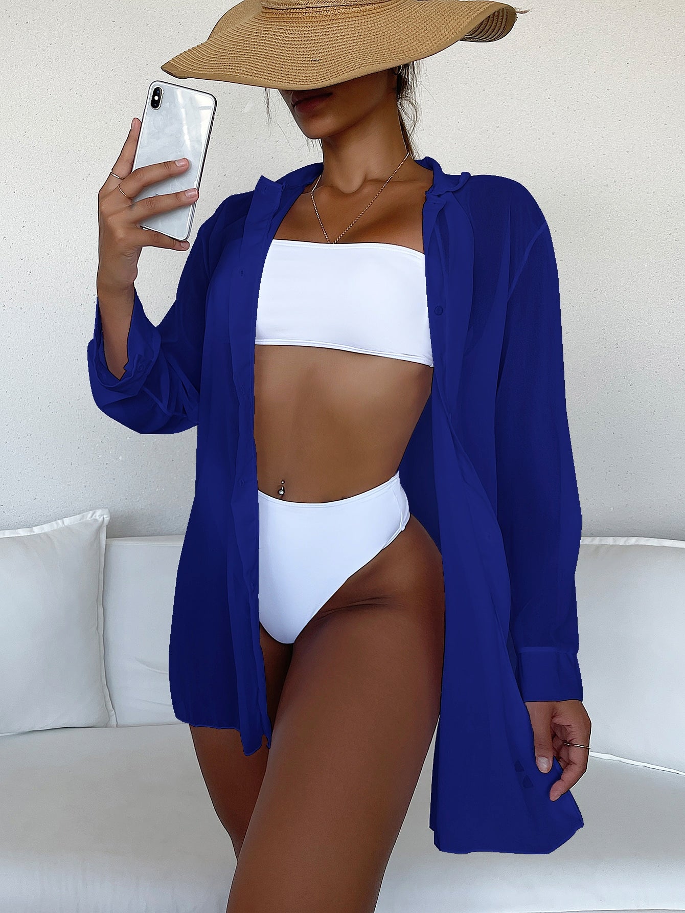 Swim Summer Beach Cut-Out Button Front Kimono