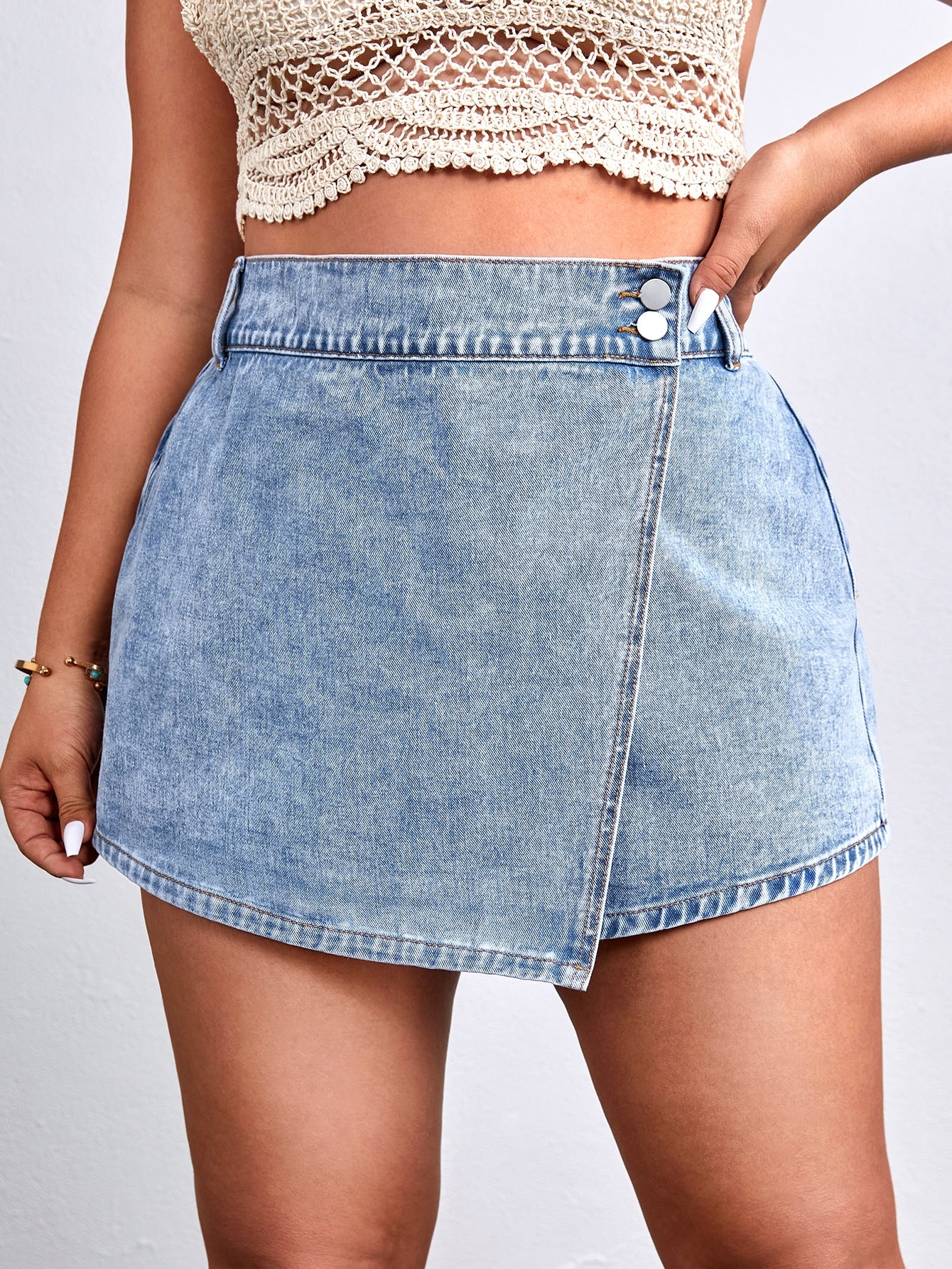 Plus Wrap Button Side Denim Shorts