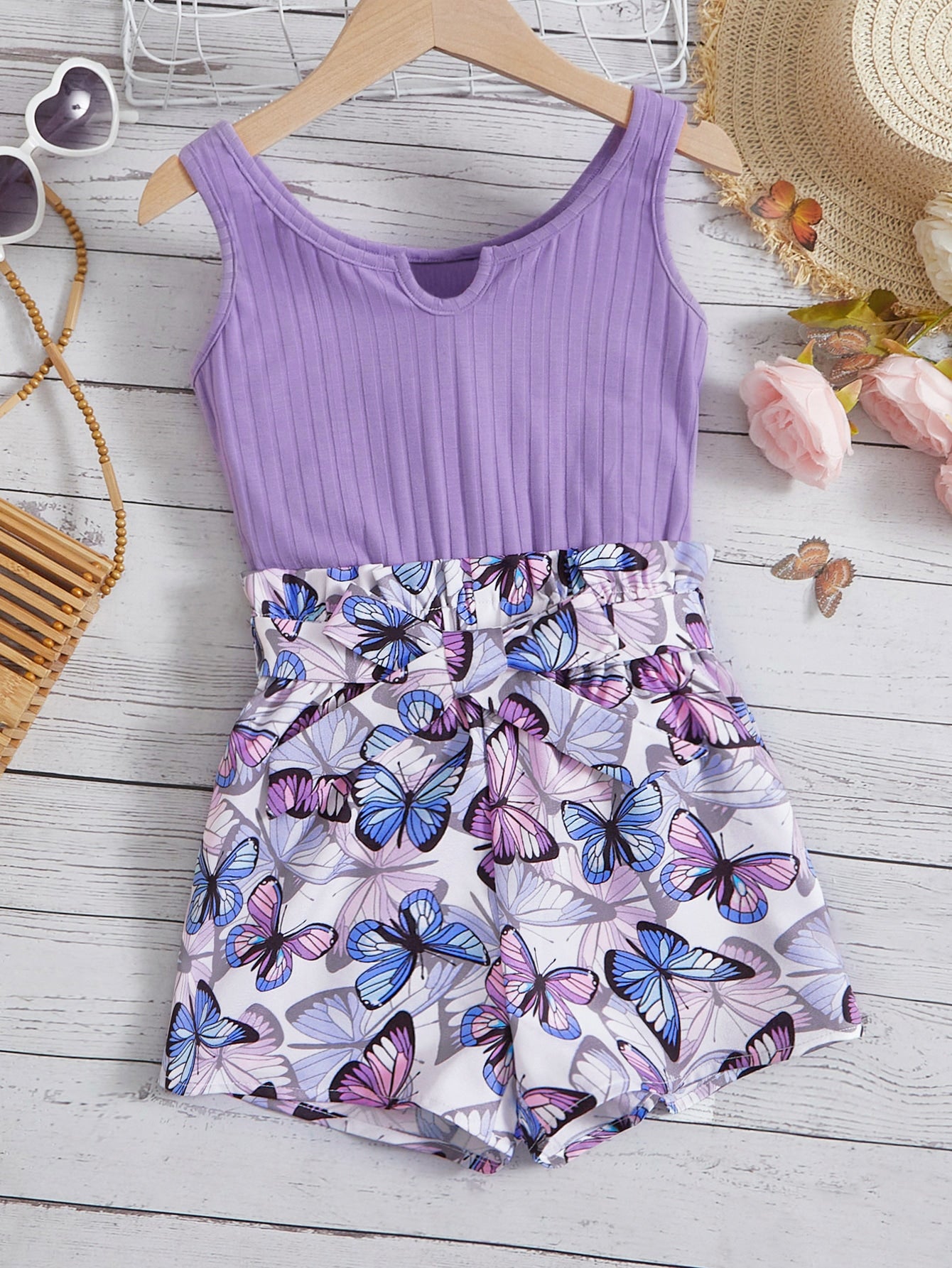 Tween Girl Butterfly Print Notched Neckline Paperbag Waist Belted Tank Romper