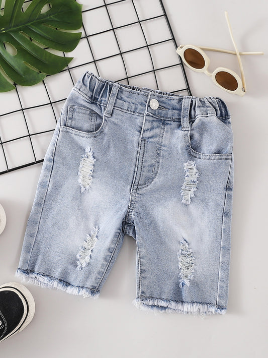 Young Boy Daily Vintage  Boho Street Casual Destroy Raw Hem Elastic Waist Stretchy Denim Shorts