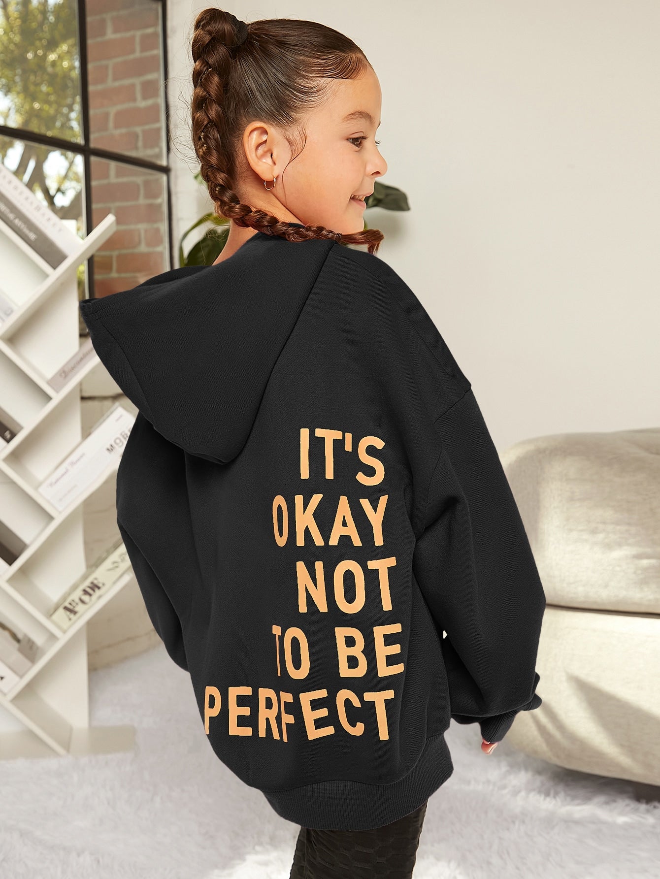 Tween Girl Slogan Graphic Drop Shoulder Hoodie