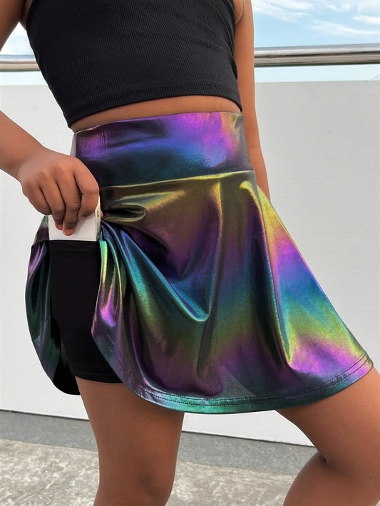 Tween Girl Phone Pocket Holographic Skort