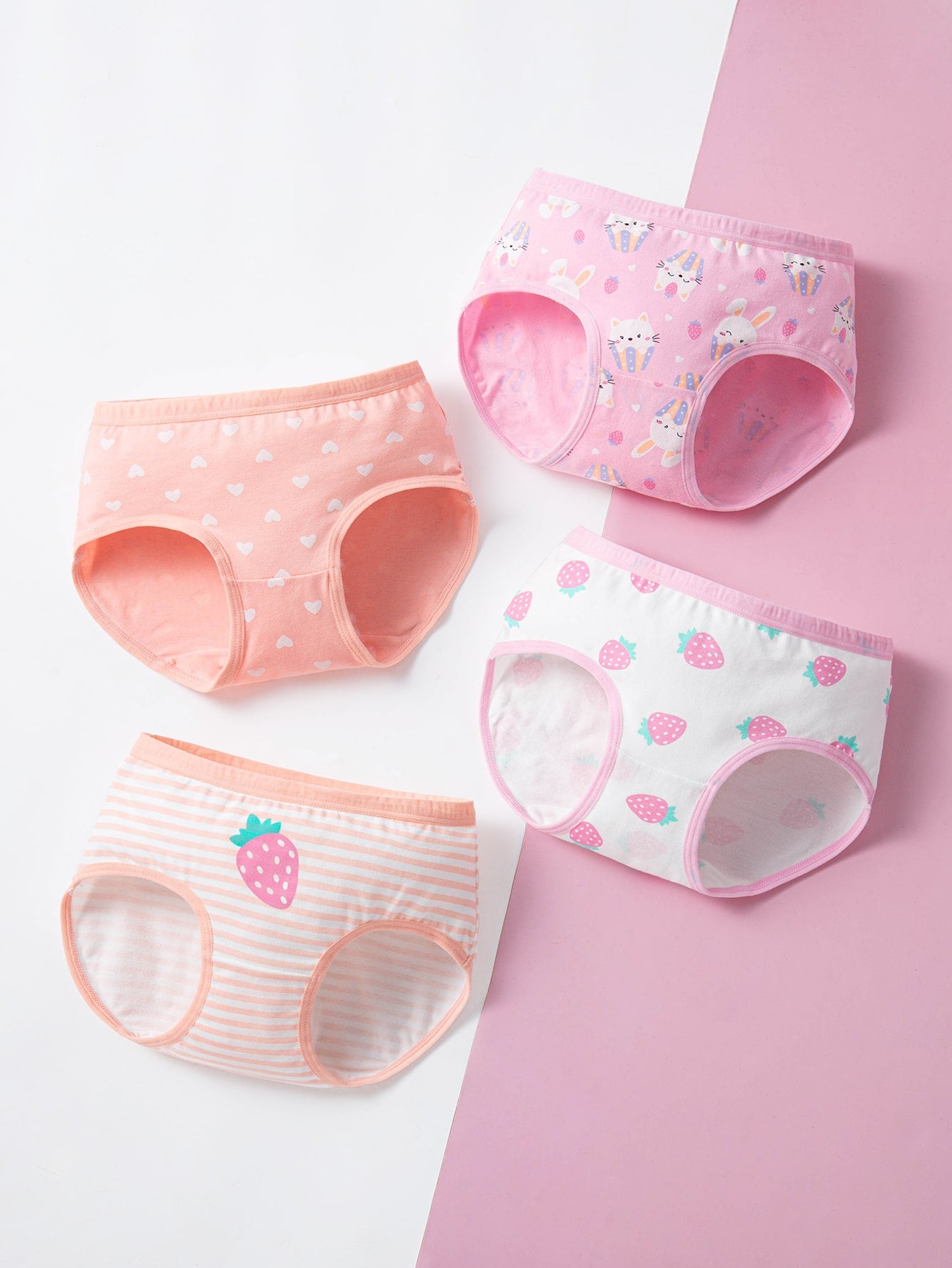 Young Girl 4pcs Striped & Strawberry Print Brief