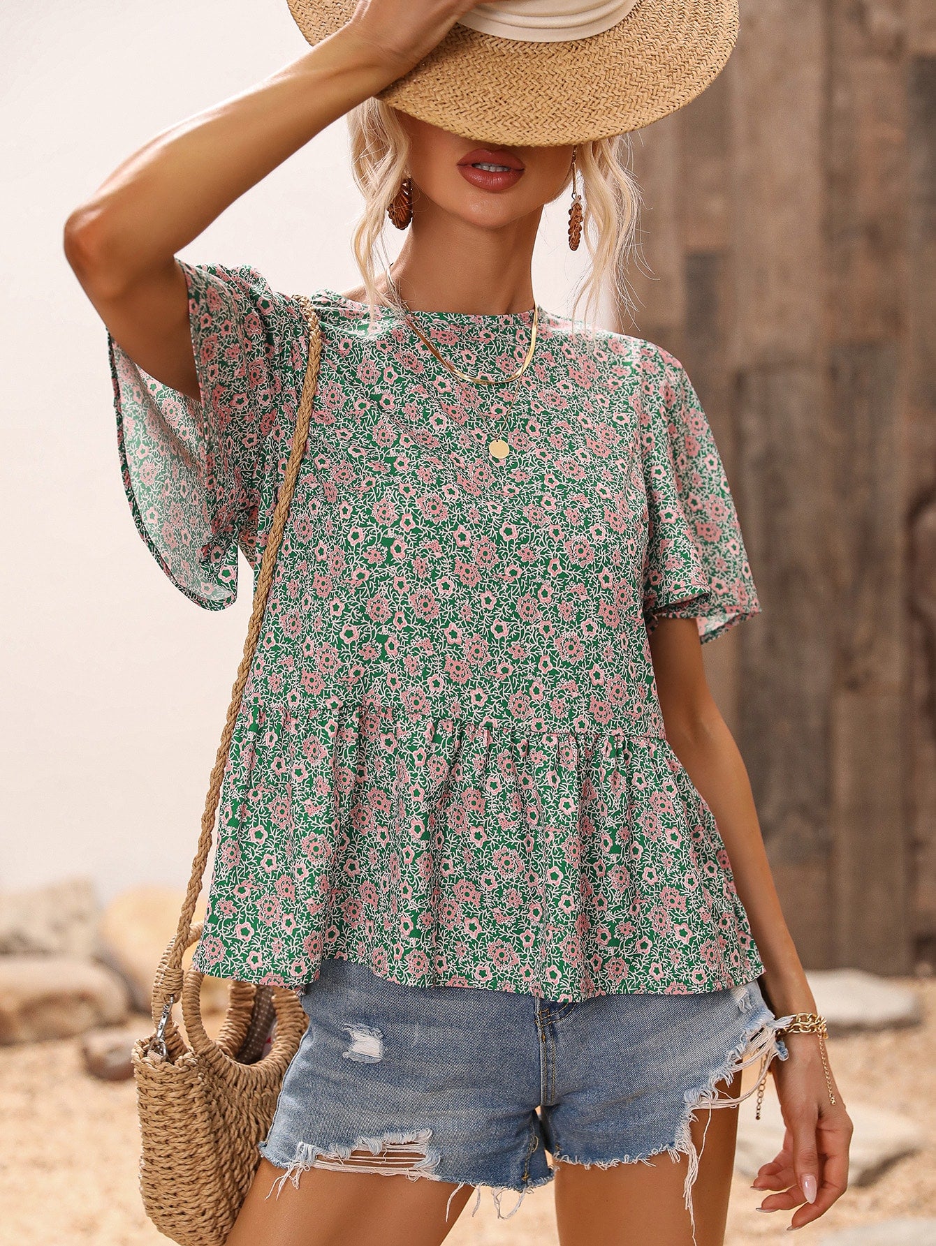 Allover Floral Print Butterfly Sleeve Beach Peplum Blouse