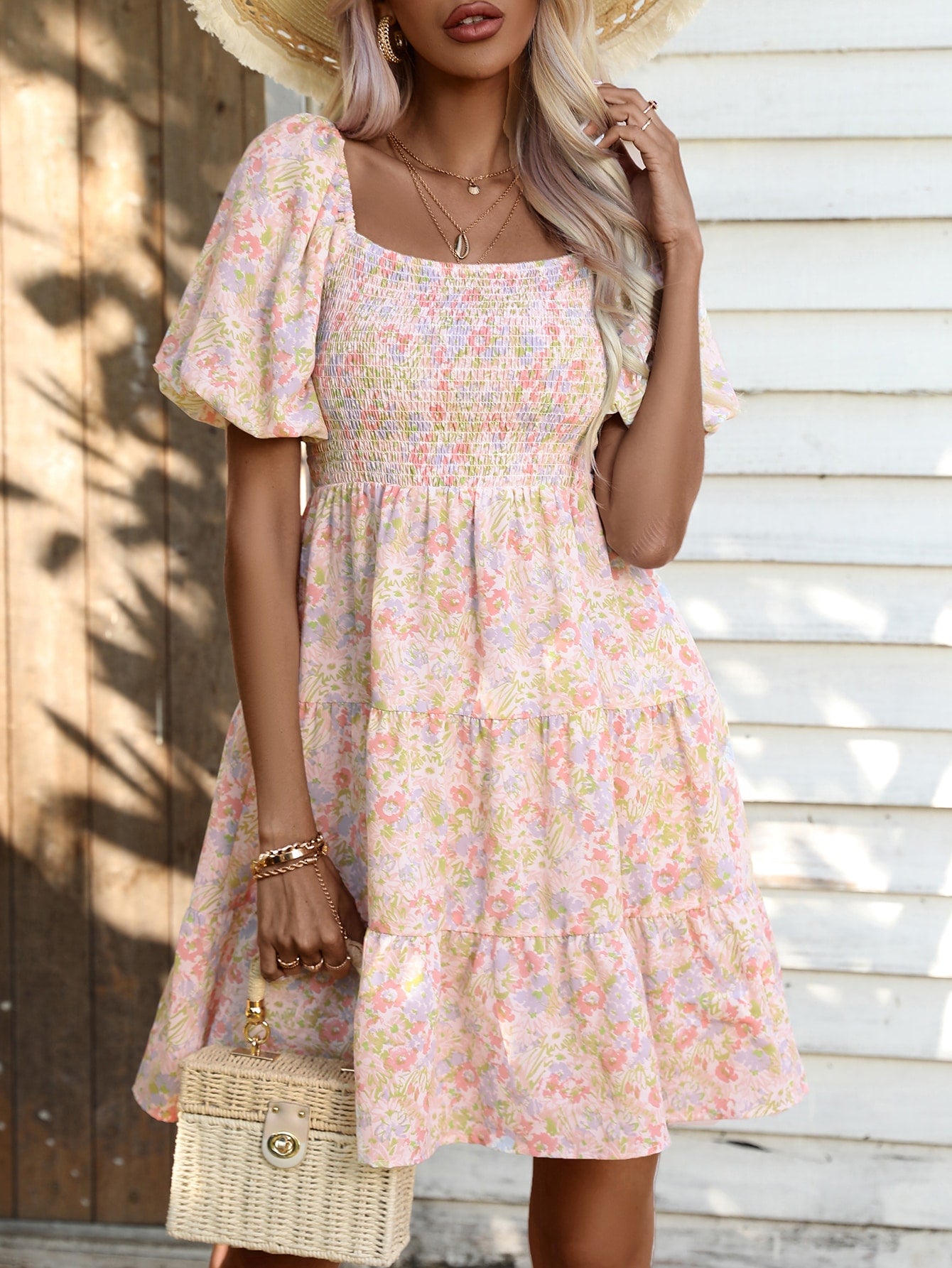 Allover Floral Print Shirred Puff Sleeve Ruffle Hem Dress