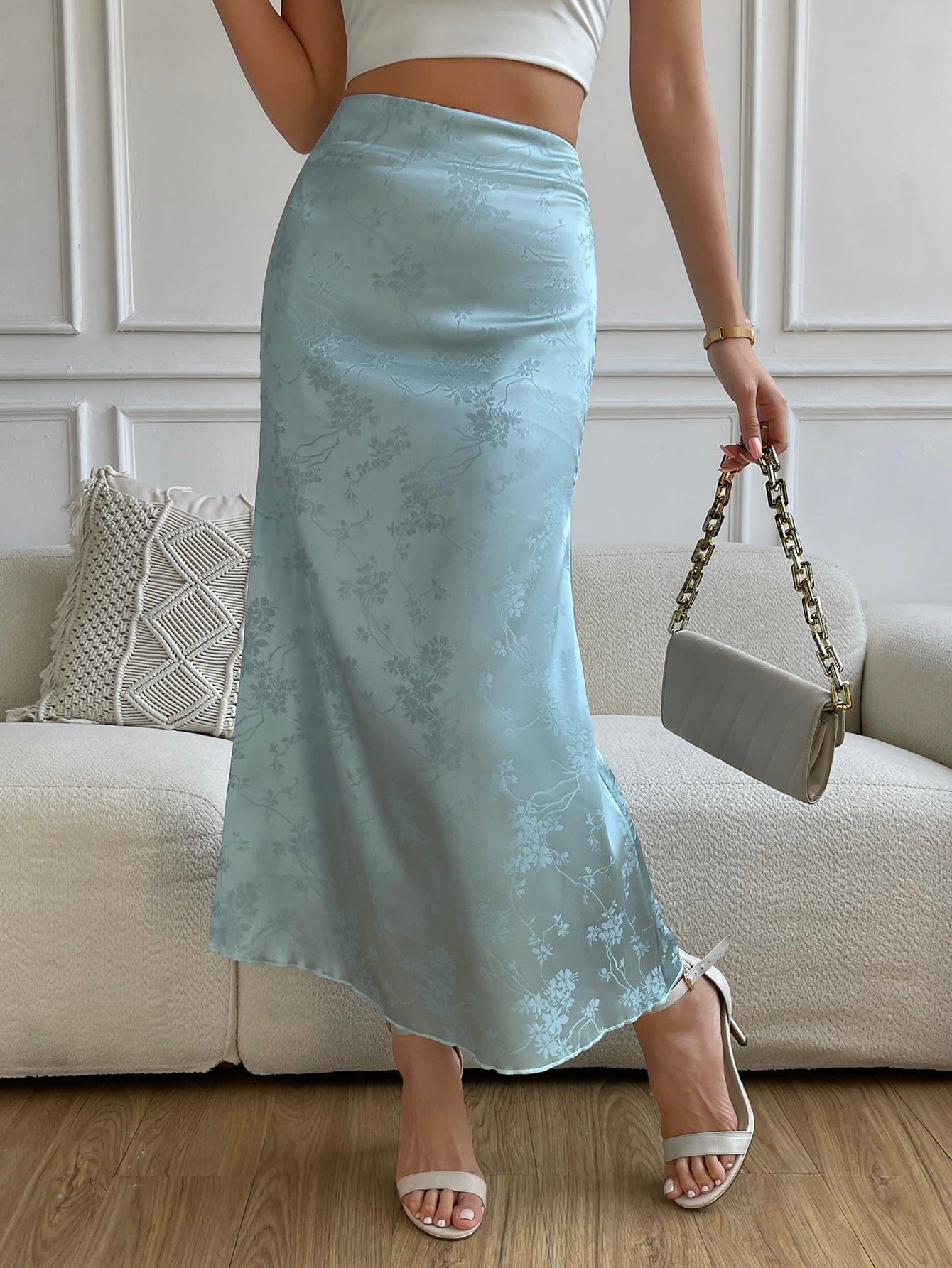 High Waist Jacquard Satin A-line Skirt