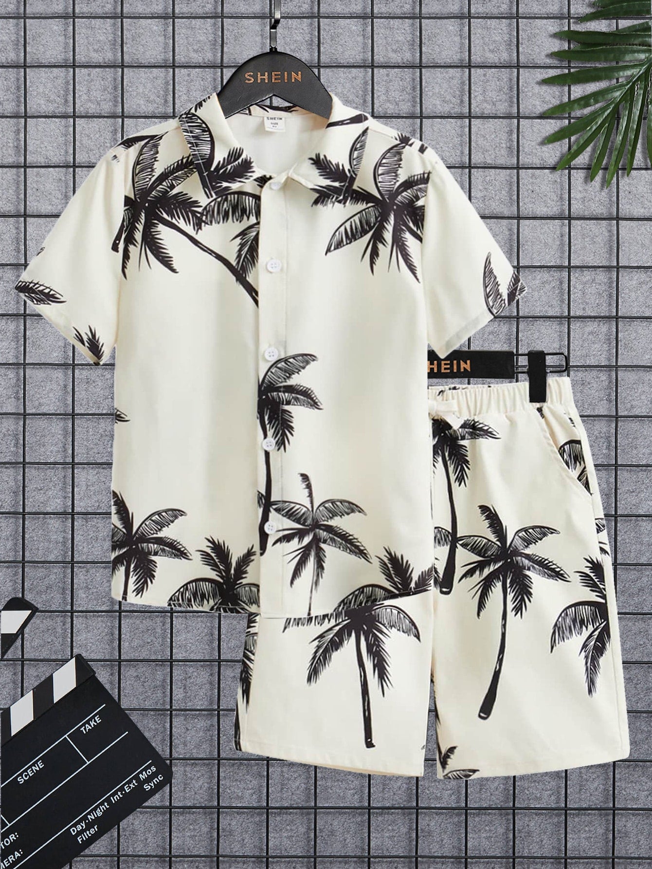 Tween Boys Extended Size Casual Coconut Tree Printed Short-Sleeve Shirt With Lapel And Shorts Weave Two-Piece Suit With Slanted Pockets