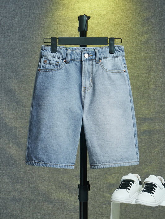 Tween Boy Simple Daily Boho Street Casual Contrast Elastic Waist Bermuda Denim Shorts