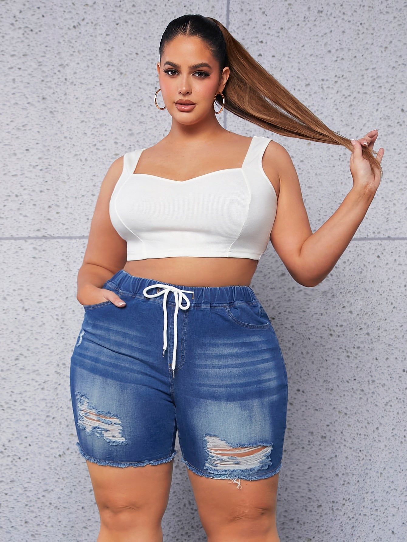 Plus Drawstring Waist Ripped Raw Cut Denim Shorts