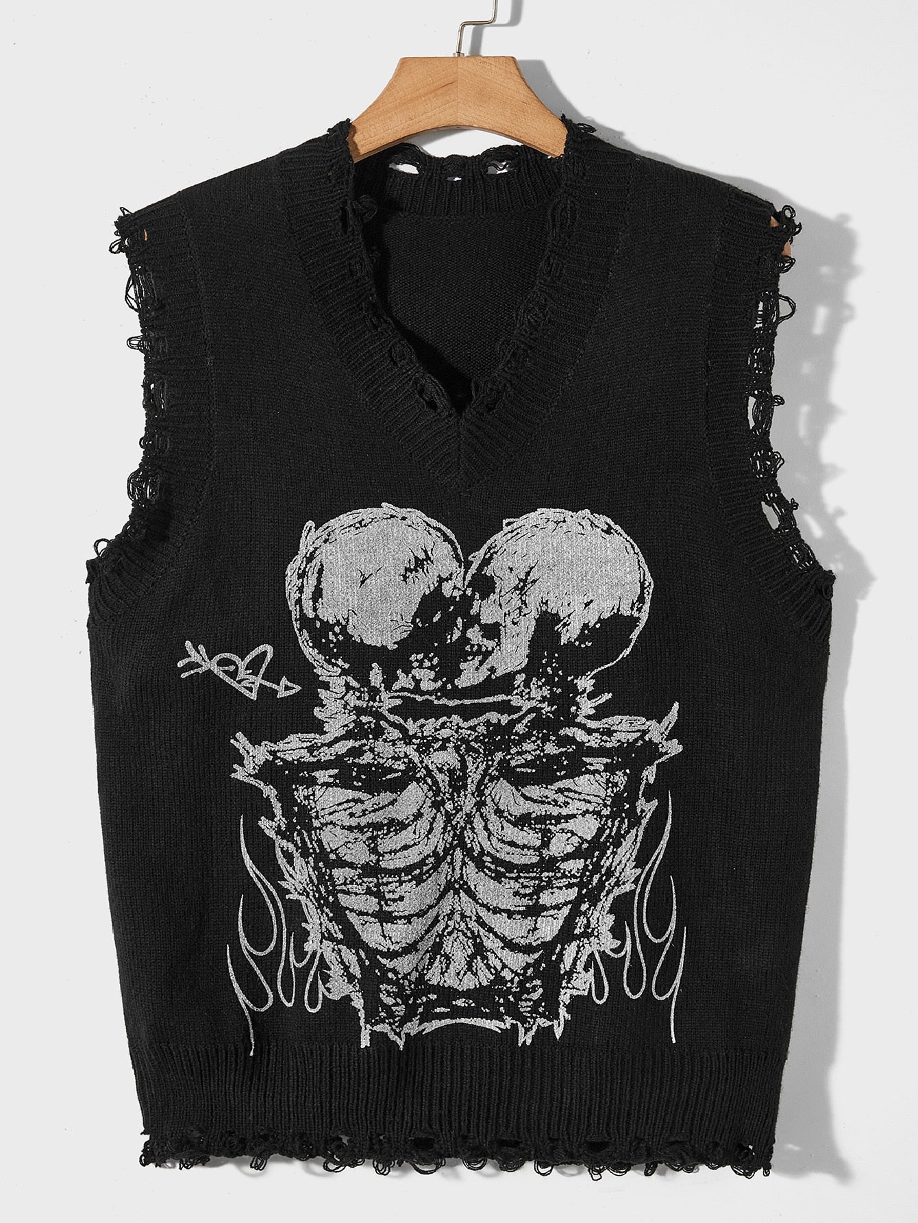 Goth Men Skeleton Pattern Distressed Sweater Vest