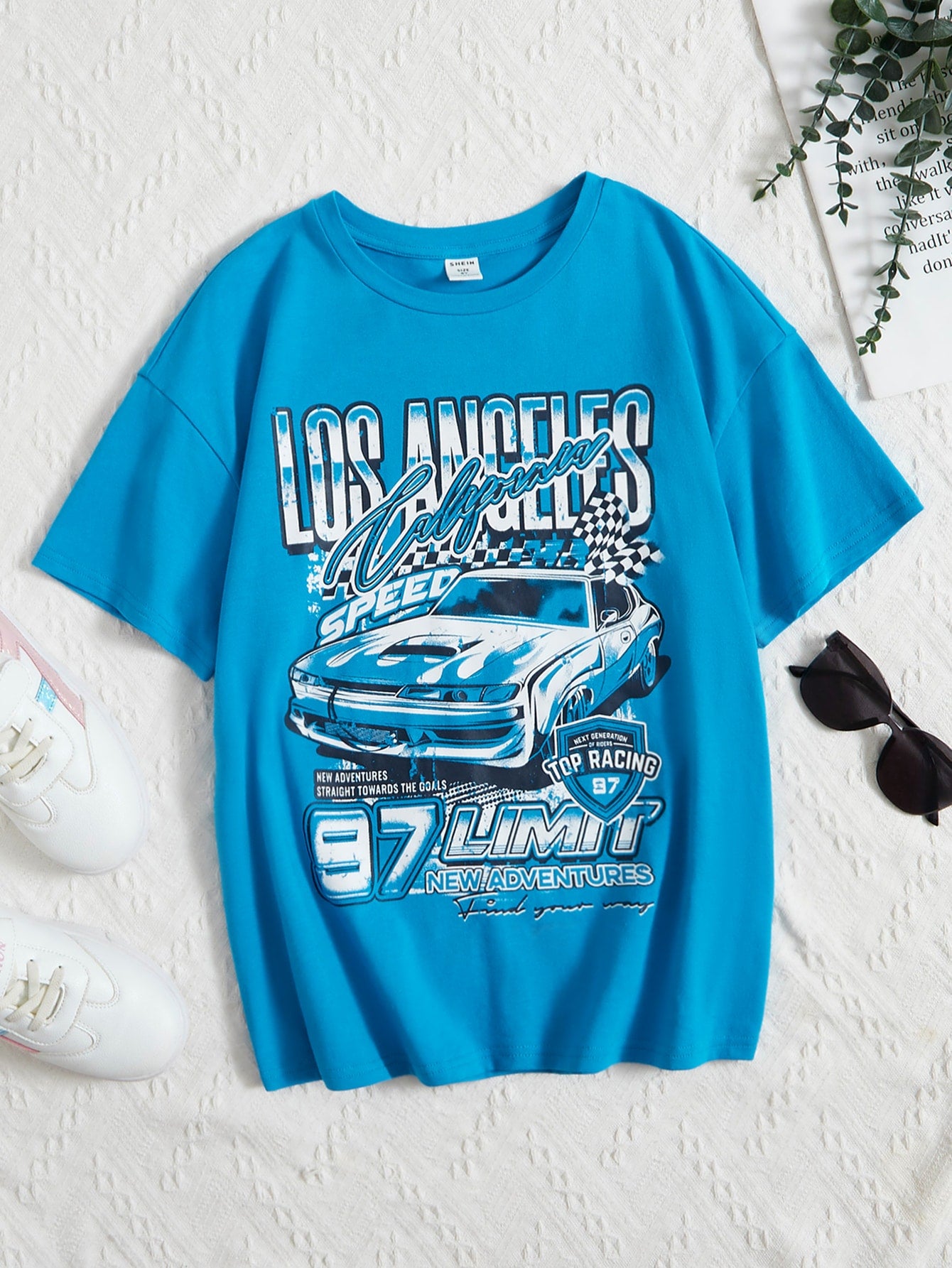 Tween Girl Loose Short Sleeve Car & Letter Print Drop Shoulder T-Shirt