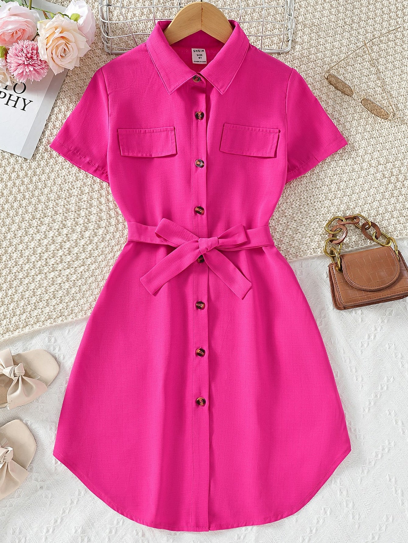 Tween Girl Flap Detail Button Front Belted Shirt Dress