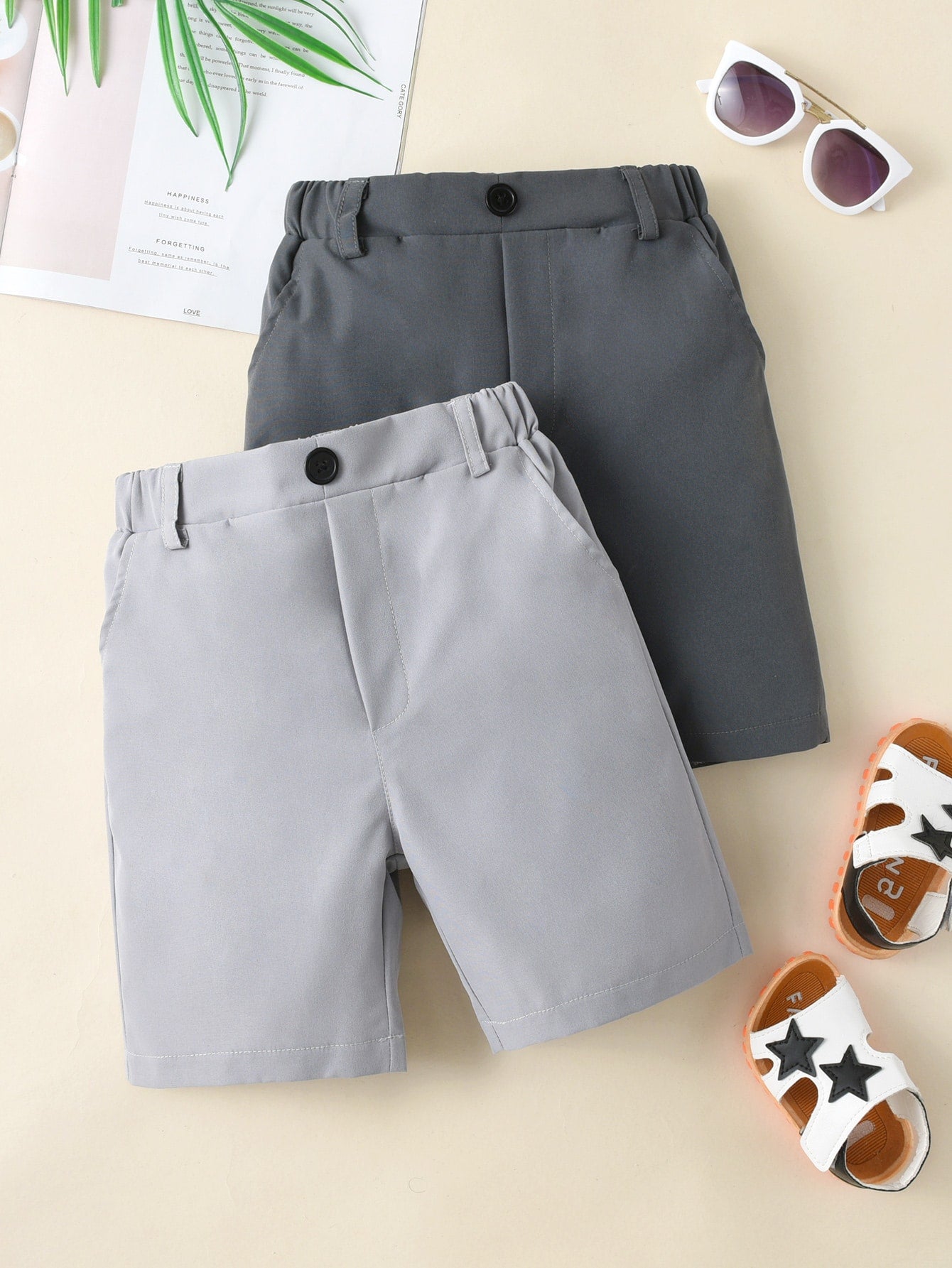 Young Boy 2pcs/Set Casual Solid Color Shorts With Pockets For Daily Wear, Parties And Vacations In Summer