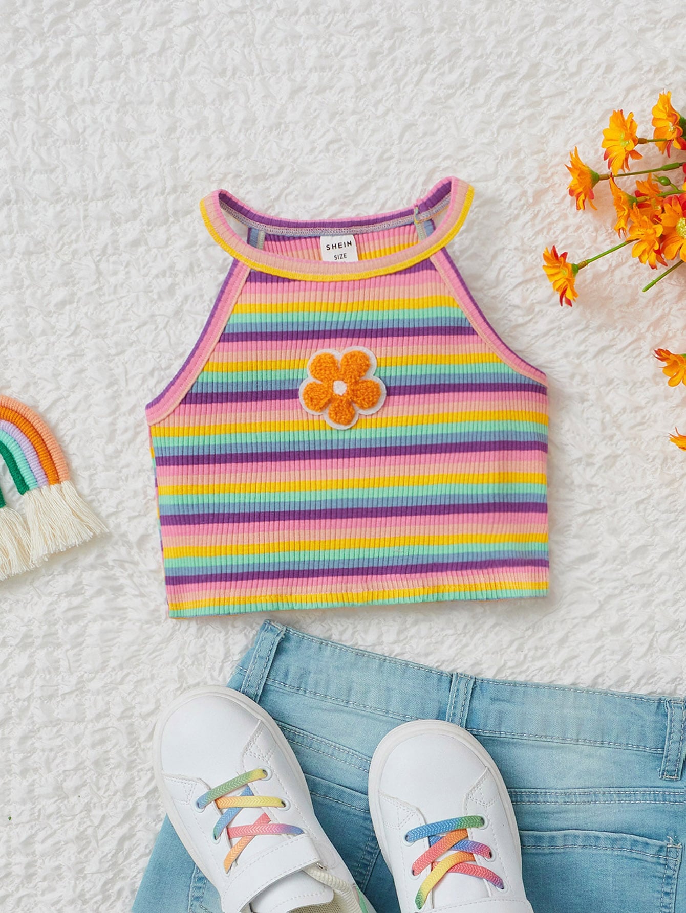 Young Girl Floral Patched Striped Halter Top