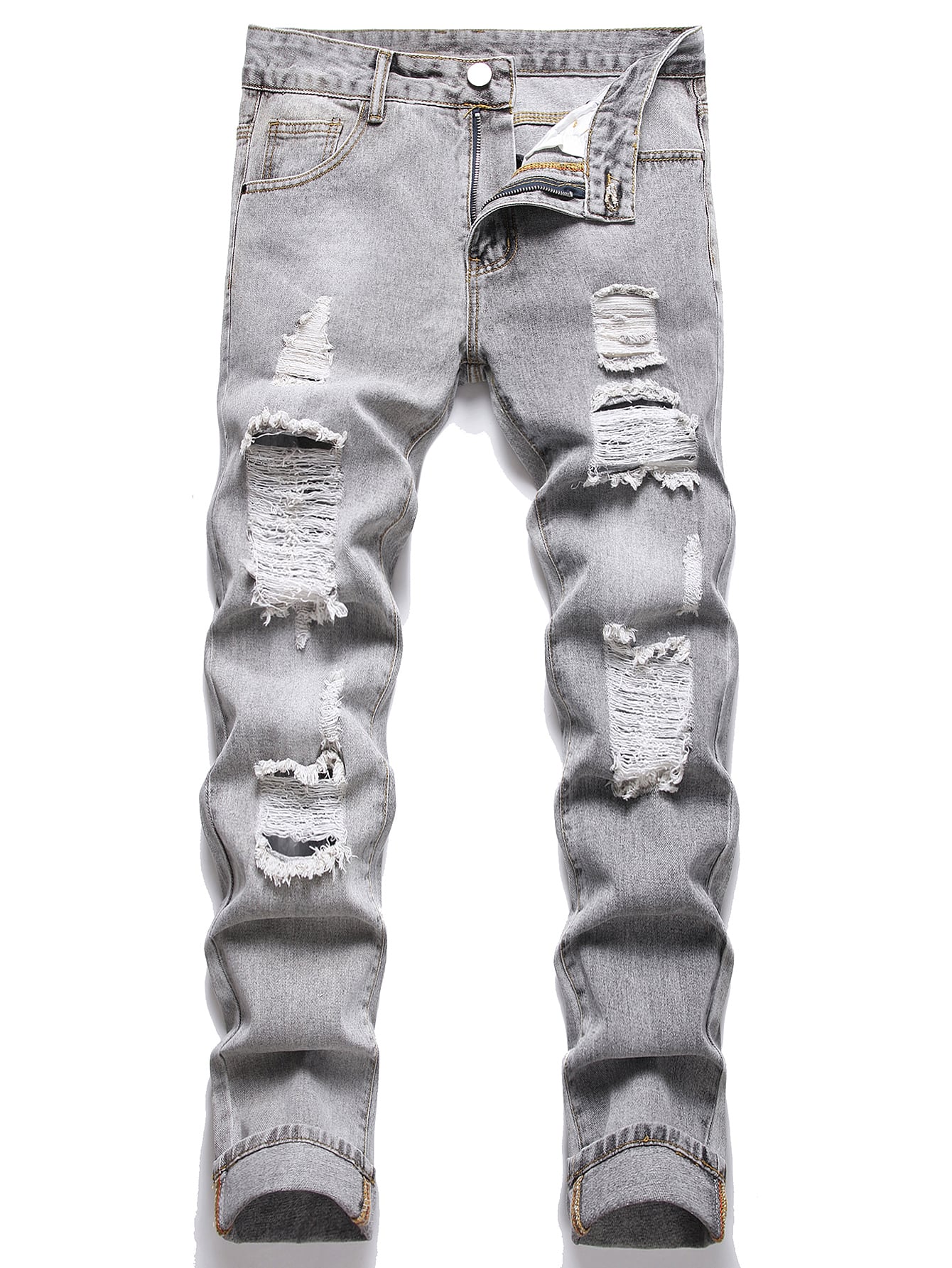 Men Cotton Patchwork Panel Ripped Frayed Bleach Wash Jeans