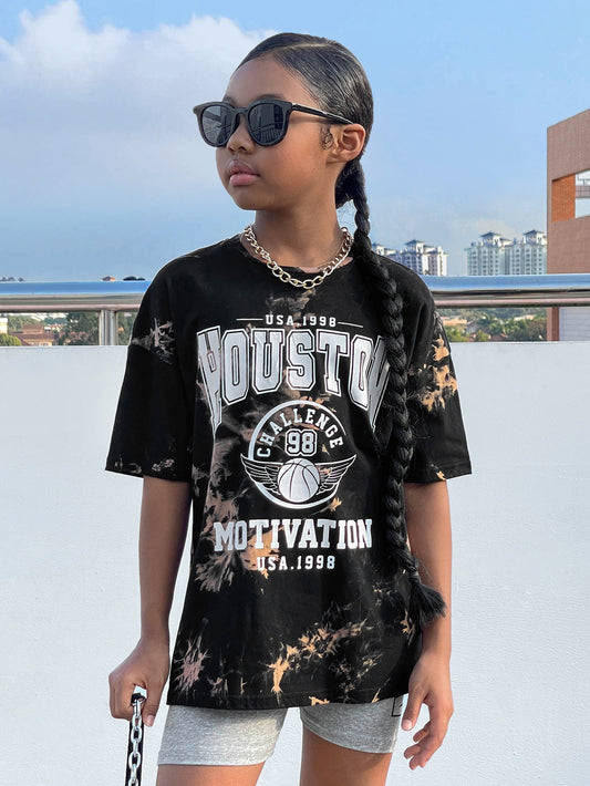 Tween Girl Letter Graphic Tie Dye Drop Shoulder Tee