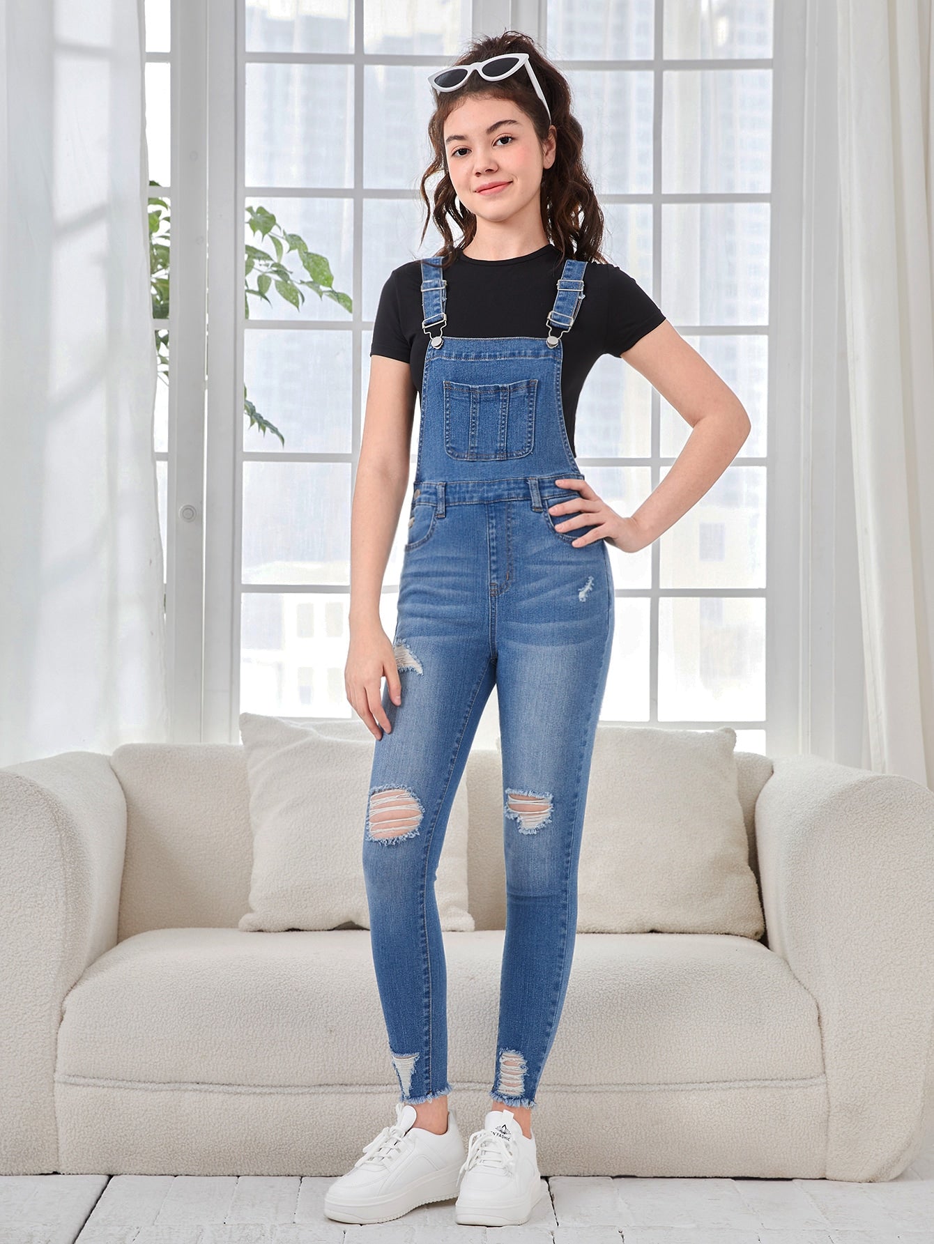 Teen Girls Ripped Denim Overalls Without Tee