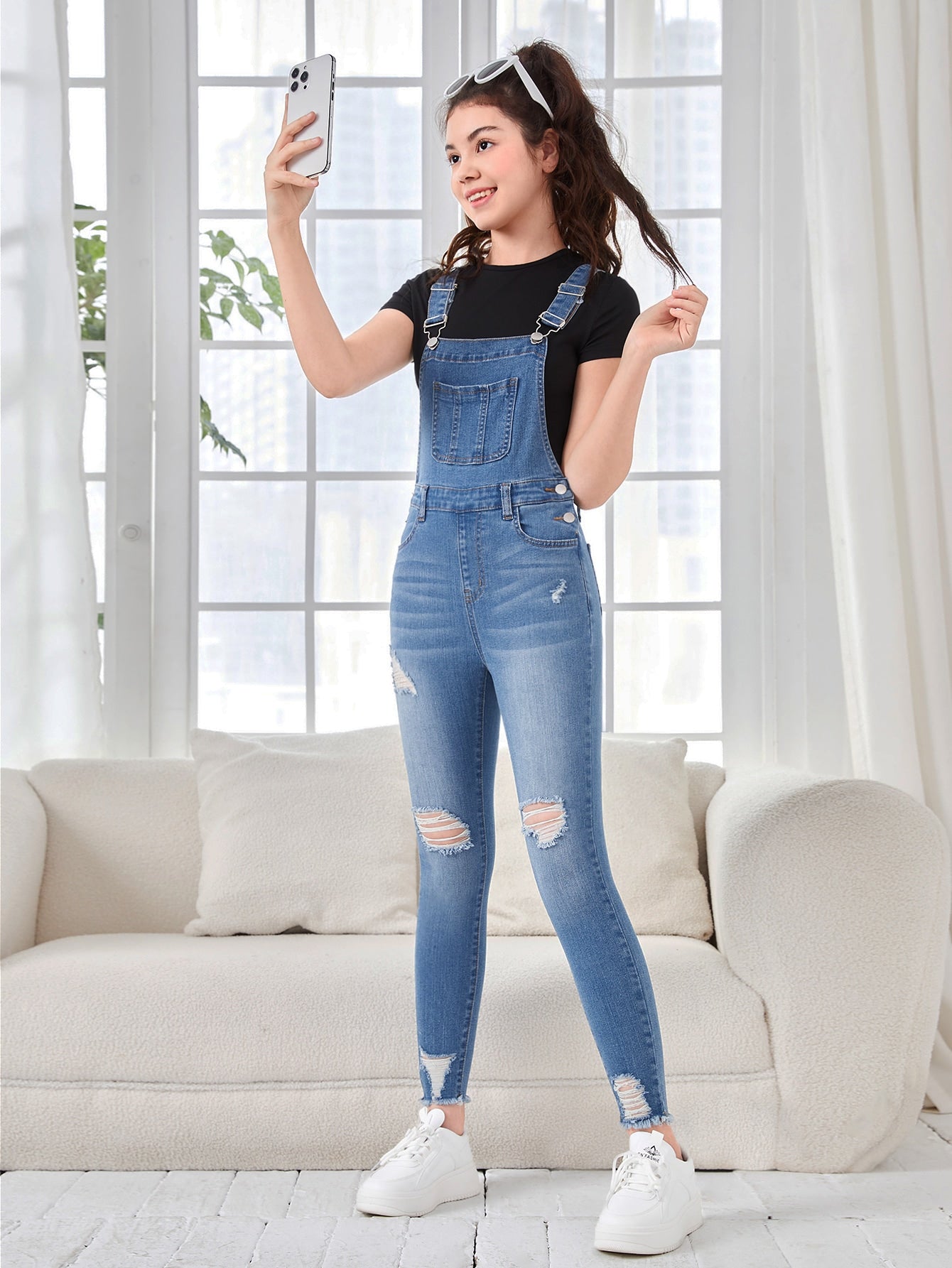 Teen Girls Ripped Denim Overalls Without Tee