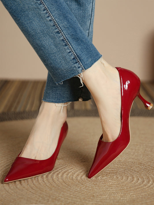 Women Red Minimalist Pumps, Point Toe Pyramid Heeled Court Pumps