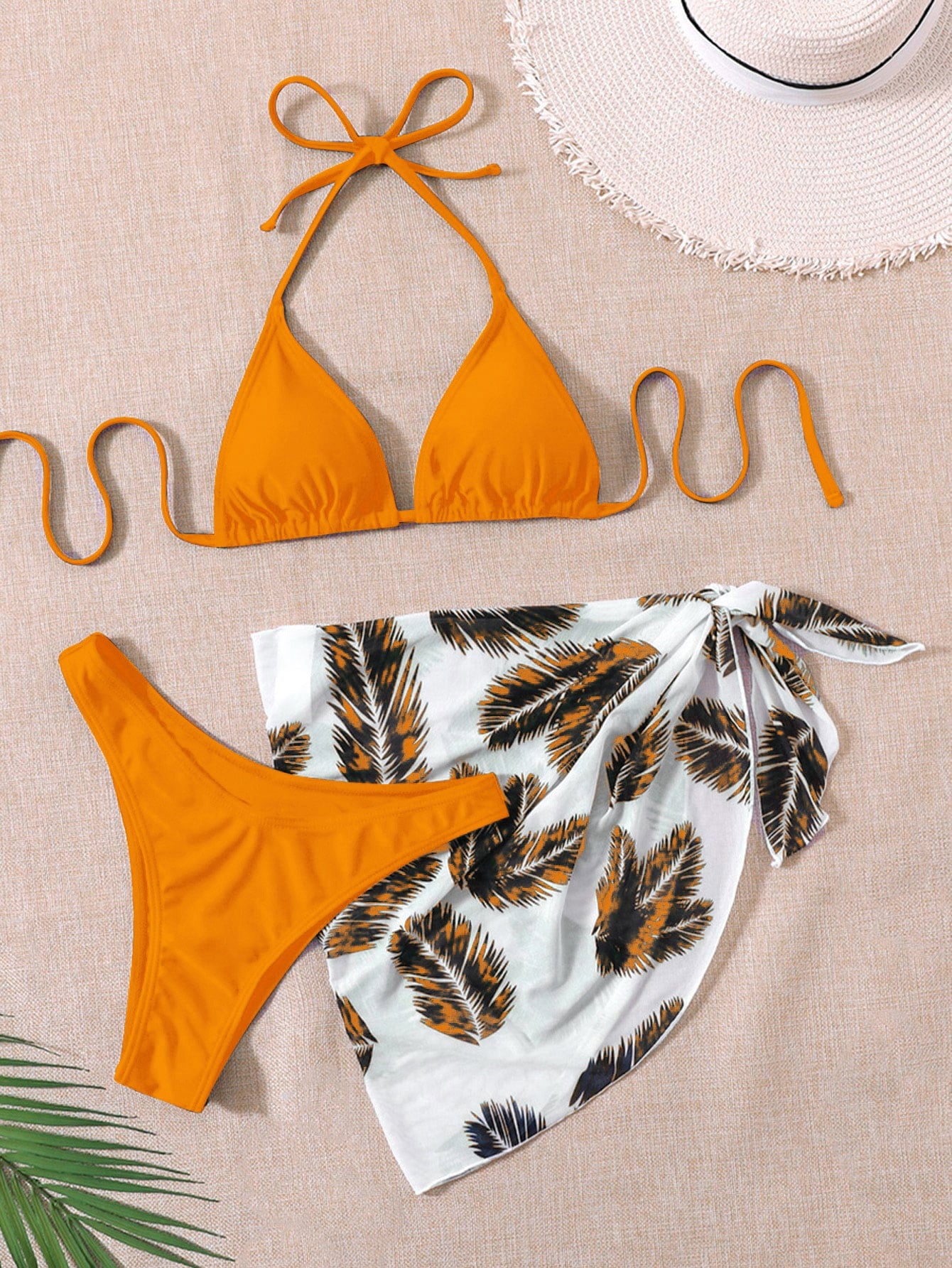 Swim Summer Beach Leaf Print Bikini Set Halter Triangle Bra & High Cut Bottom & Cover Up Skirt 3 Piece Bathing