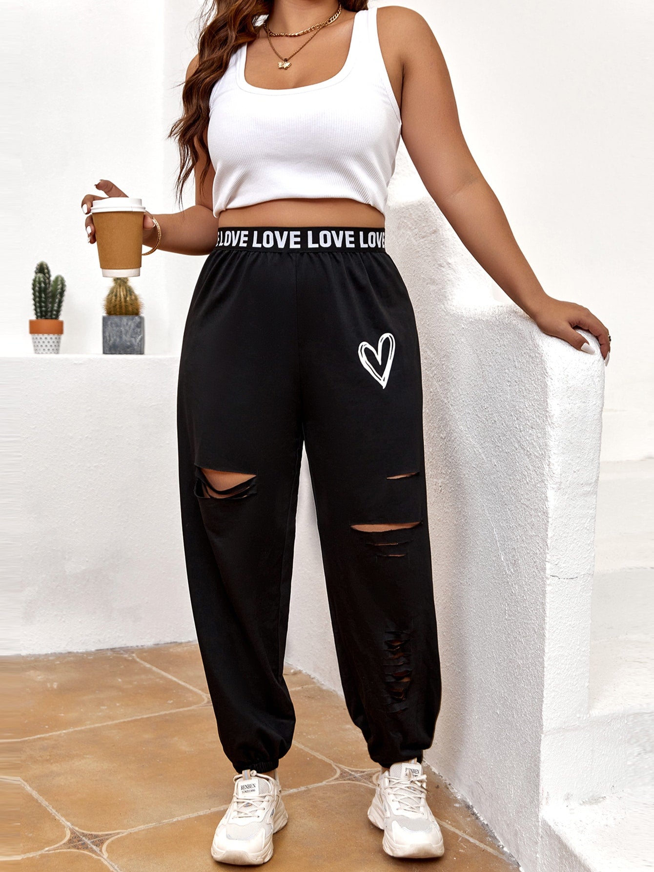 Plus Heart Print Contrast Letter Tape Cut Out Sweatpants