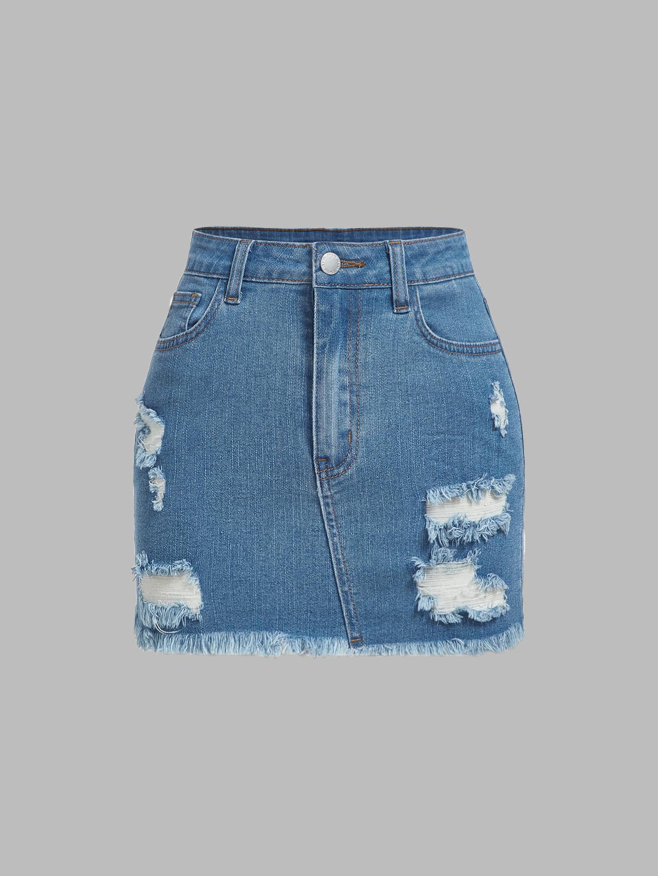 Plus Size Summer Casual Denim Skirt With Distressed And Frayed Edges