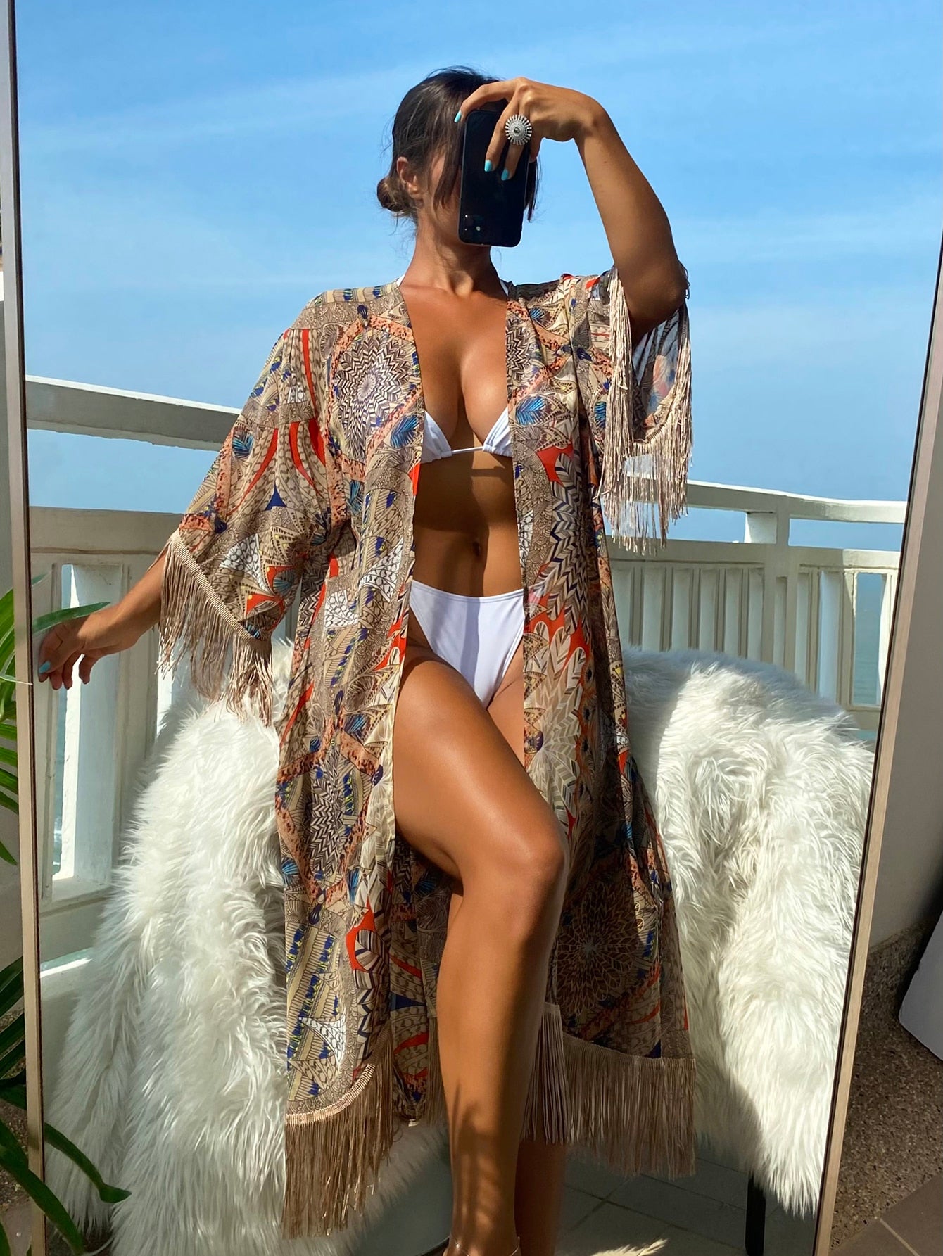 Swim Summer Beach Mandala Print Fringe Trim Batwing Sleeve Kimono