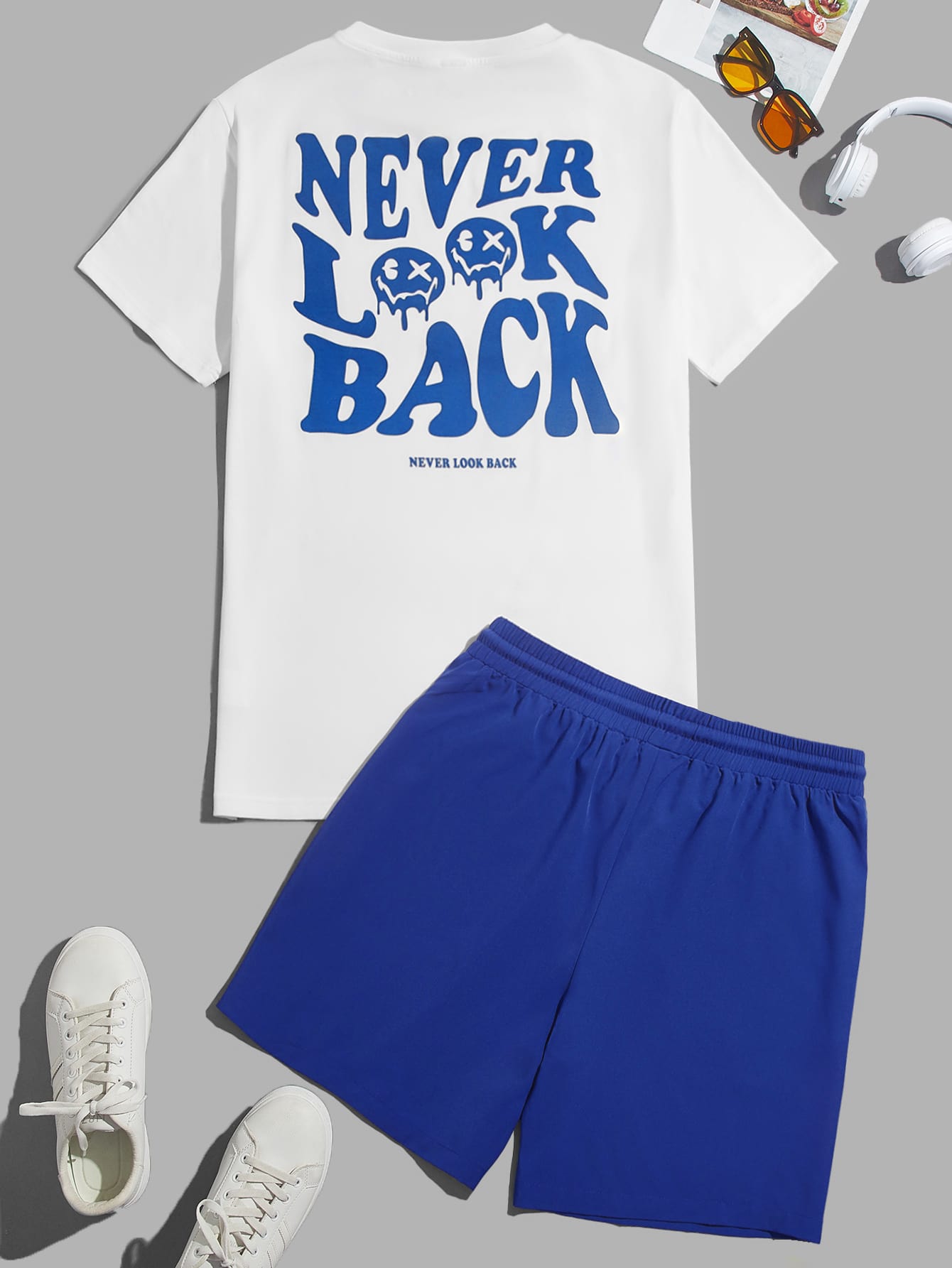 Men Slogan & Cartoon Graphic Tee & Drawstring Waist Shorts