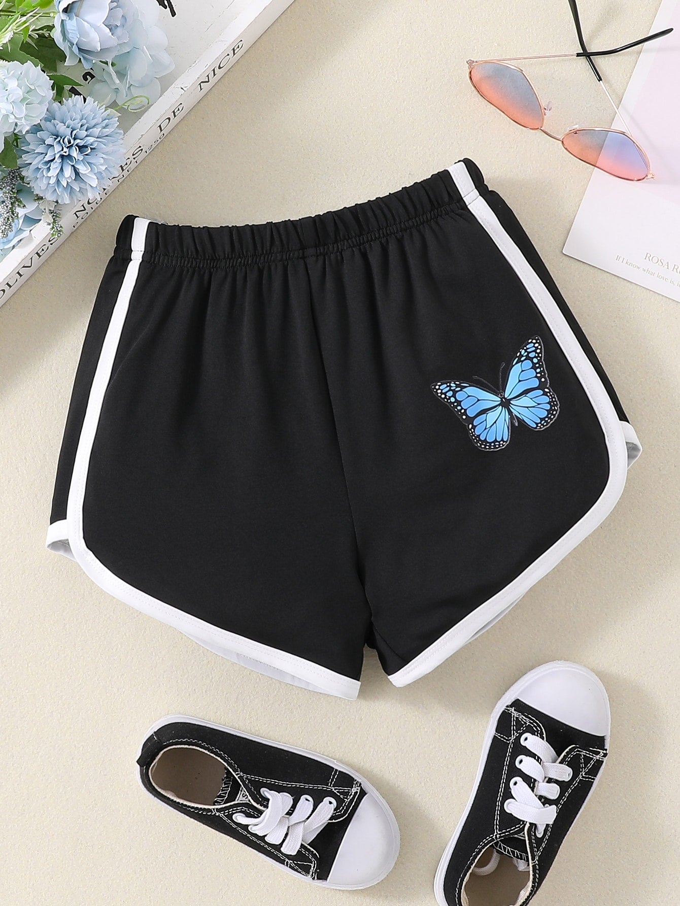 Tween Girl Butterfly Print Contrast Binding Track Shorts