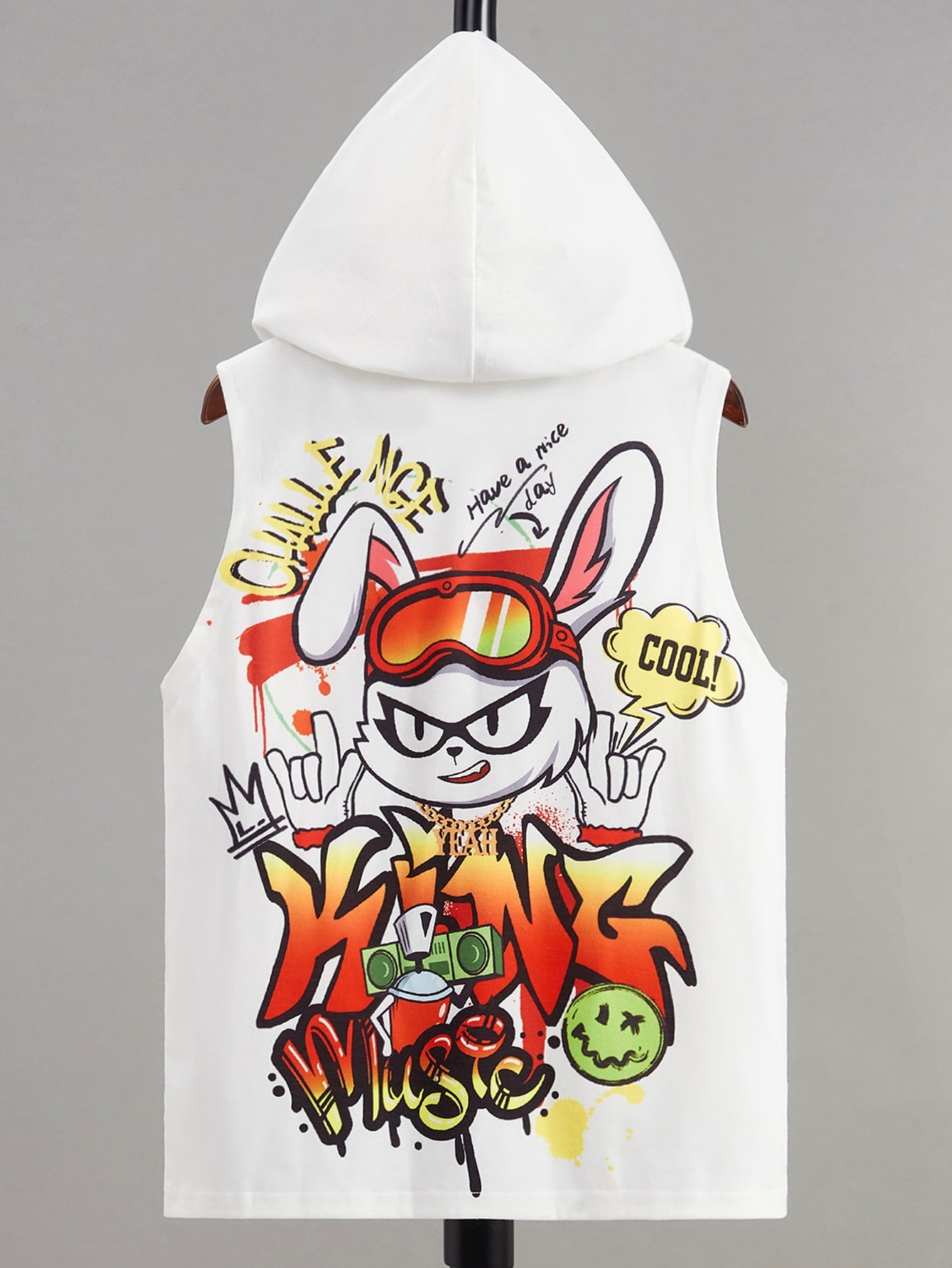 Tween Boys' Casual Comfortable Hooded Knitted Tank Top With Letter & Cartoon Rabbit Pattern, Summer