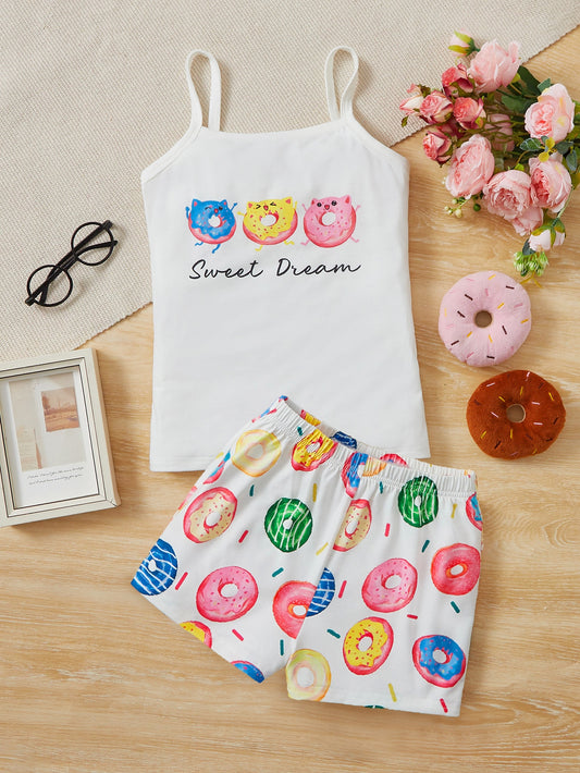 Tween Girl Donut & Slogan Graphic Cami Top & Shorts PJ Set