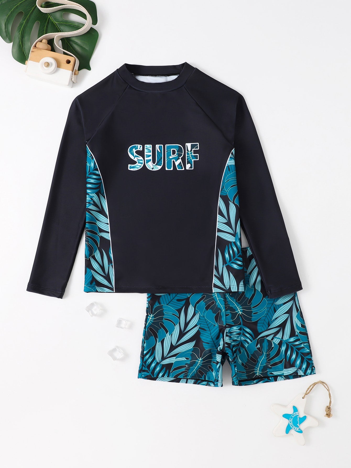 Tween Boy Letter & Tropical Print Beach Swimsuit