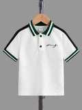 Young Boys' Casual Comfortable All-Match English Letter Printed Color Block Short Sleeve Shirt With Contrasting Sleeves And Collar