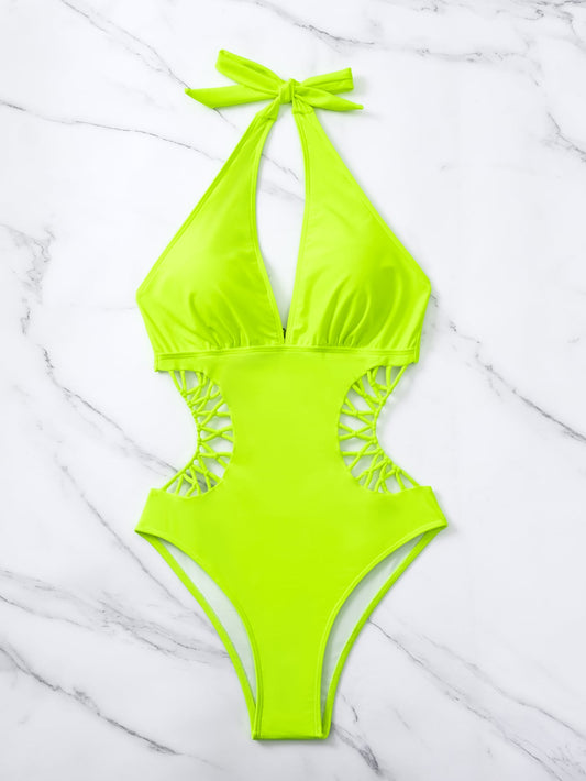 Swim Summer Beach Cut Out Halter Neon One Piece Swimsuit Bathing Suit