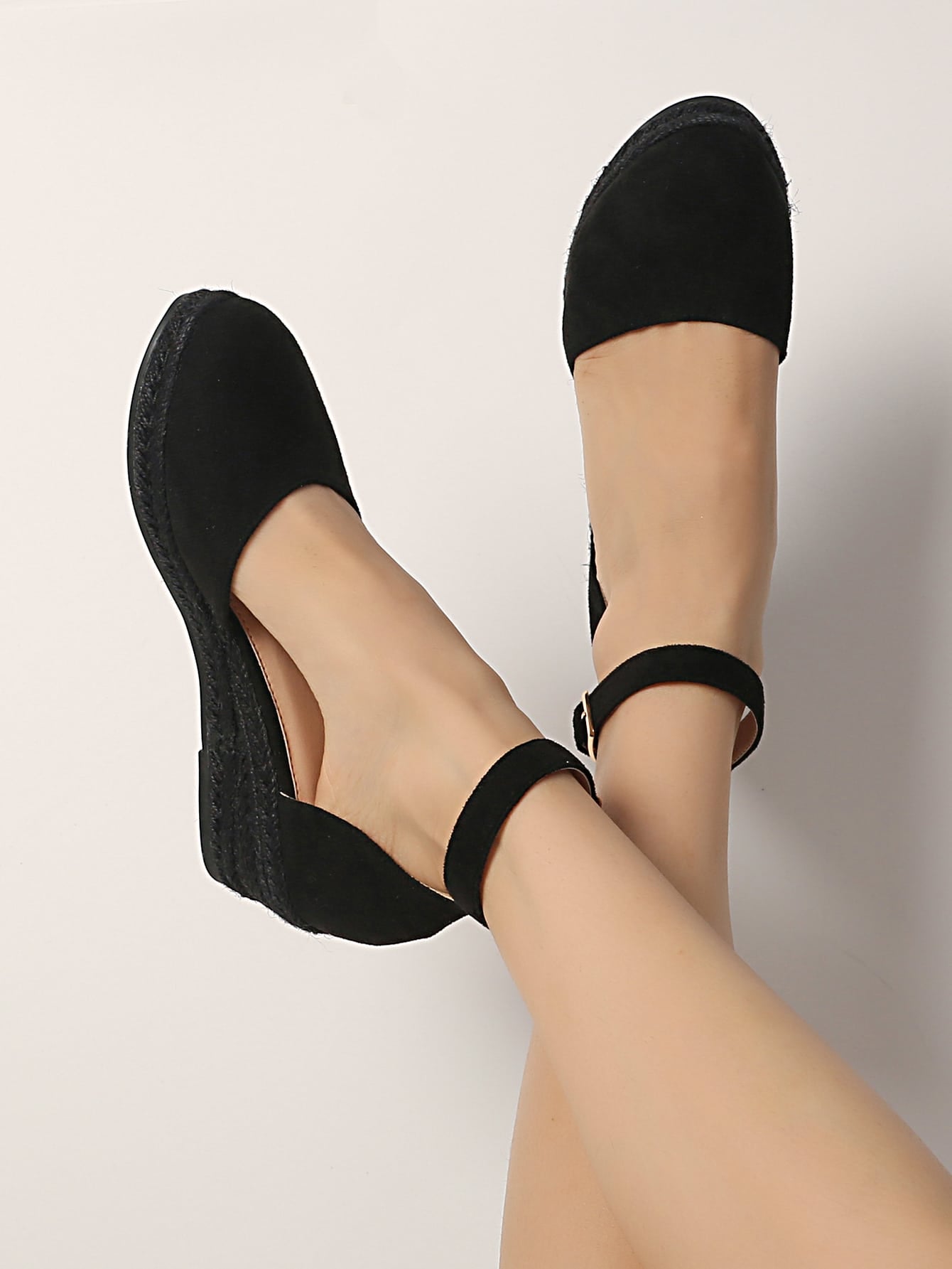 Women Espadrille Sole Ankle Strap Wedges Vacation Black Faux Suede Court Wedges