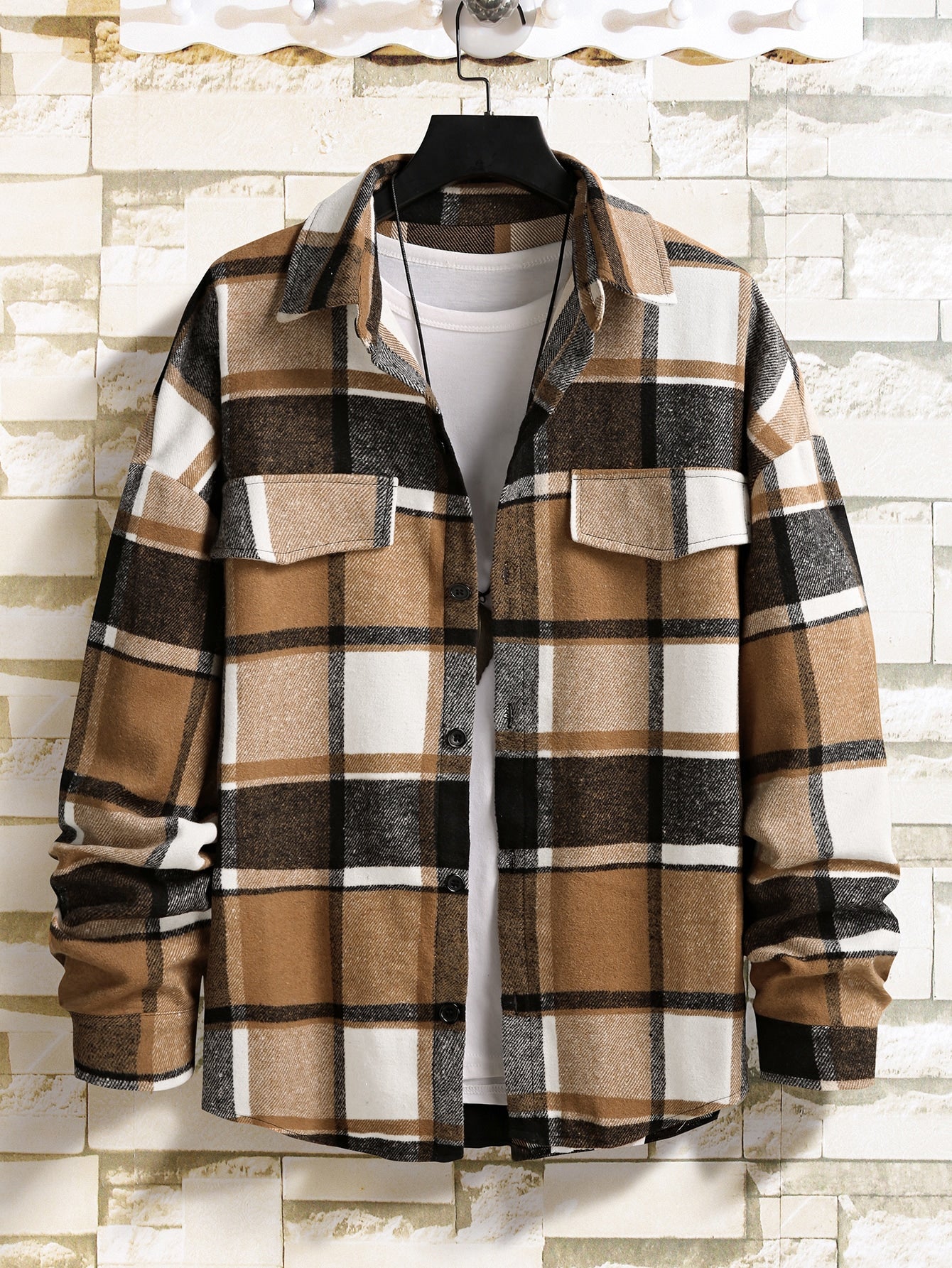 Loose Fit Men's Plaid Overcoat With Flap Detail And Drop Shoulder Design, Without Tee