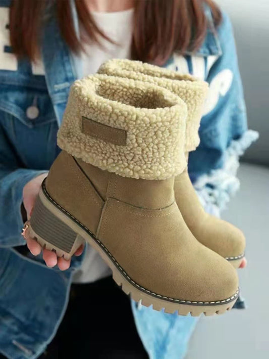 Women's Plain Camel Color Faux Suede Chunky Heel Snow Boots