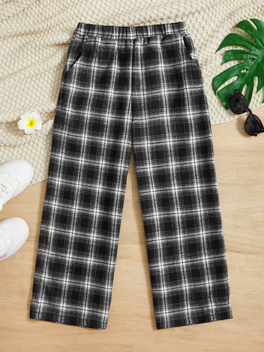 Tween Girl Breathable And Comfortable Plaid Printed Elastic Waist Wide-Leg Pants With Pockets