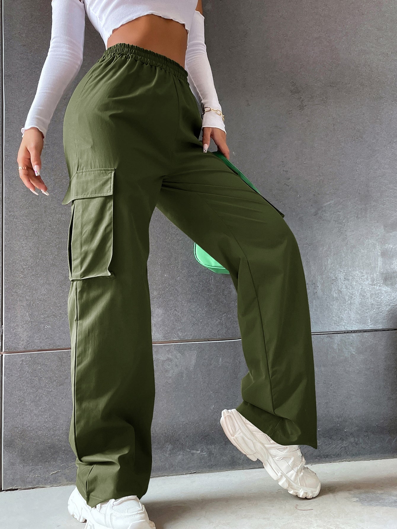 Solid High Waist Flap Pocket Cargo Pants