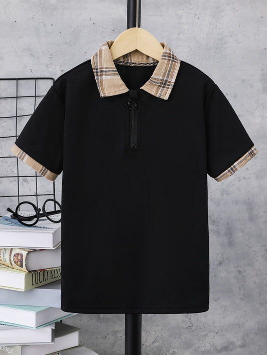 Tween Boy Plaid Print Contrast Collar Quarter Zip Polo Shirt